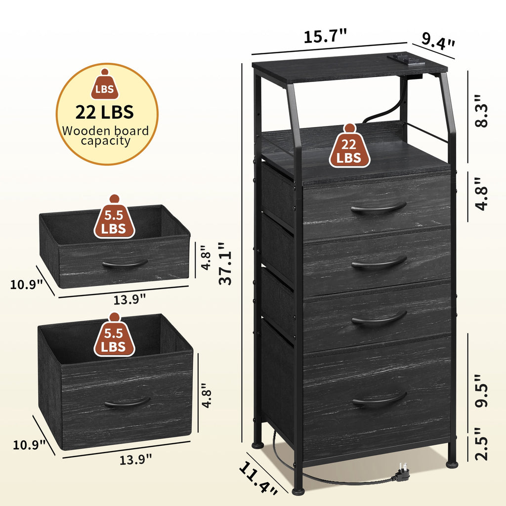 GALAXHERO 4 Drawer Dresser for Bedroom, Nightstand with Charging Station and LED, Tall Bedside Table with Storage Shelfs