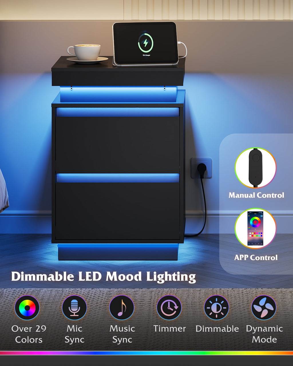 GALAXHERO  Nightstand with Charging Station and LED Lights, Modern 2 Drawers Bedside Table with Sliding Top, End Side Table for Bedroom, Living Room