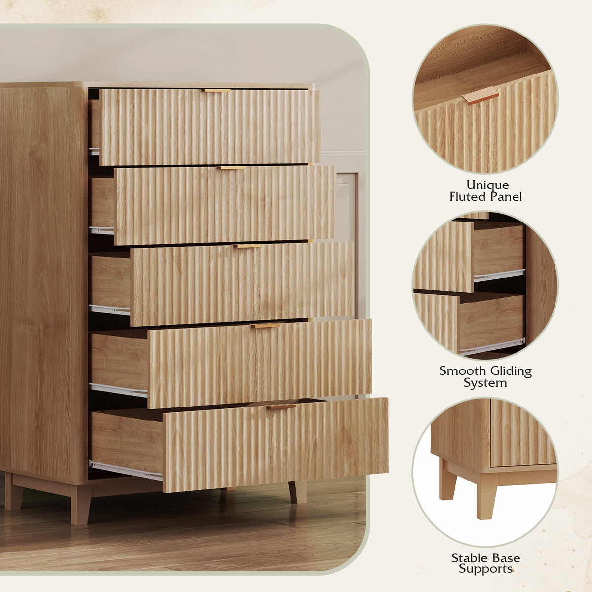 GALAXHERO 5 Drawers Dresser, Fluted Tall Dresser with Golden Metal Handles, Modern Chest of Drawers for Bedroom, Living Room, Hallway, Closet