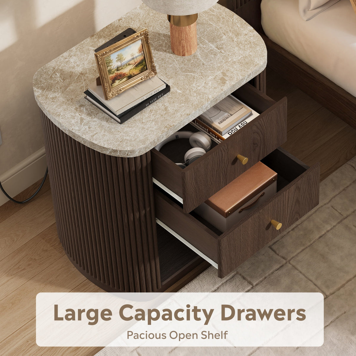 GALAXHERO Mid Century Modern Nightstand with Charging Station, 2-Drawer Fluted Wood Bedside Table with Open Shelf for Bedroom Living Room Dorm