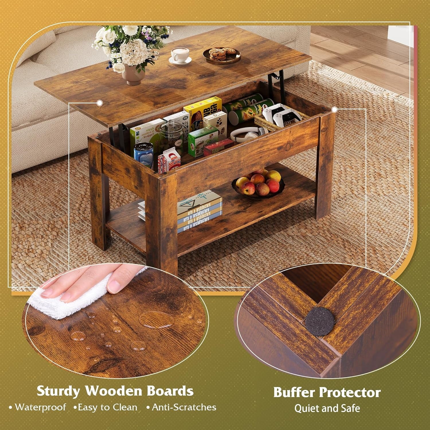 GALAXHERO 39" Lift Top Coffee Table with Storage Shelf & Hidden Compartment and Lifting Top for Home Living Room Office and Reception Room