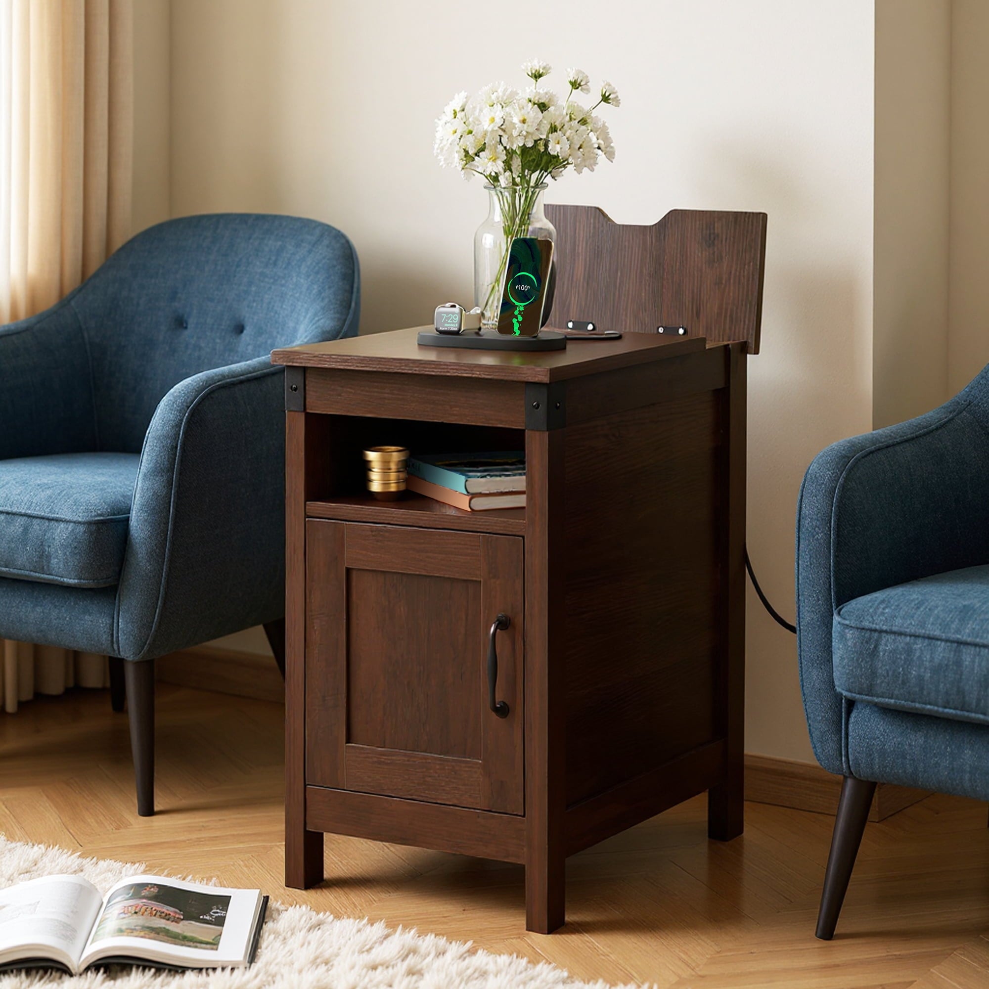 GALAXHERO Side Table with Charging Station Narrow End Table with Storage Night Stand with USB Ports and Outlets Small Wooden Cabinet for Living Room and Bedroom