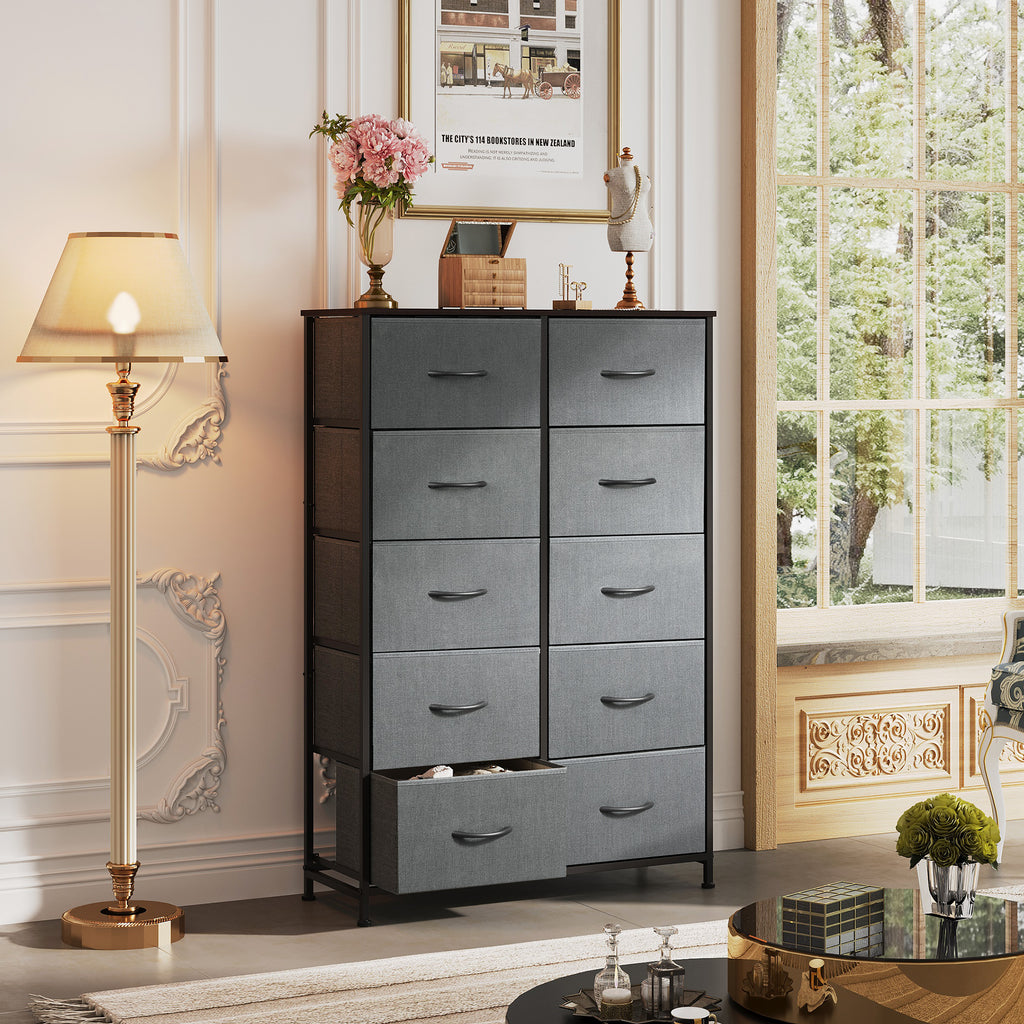 GALAXHERO Tall Dresser 10 Fabric Drawers, Storage Tower with Cabinet, Metal Frame, Wooden Top, Organizer Units for Bedroom, Living Room, Closet, Clothing