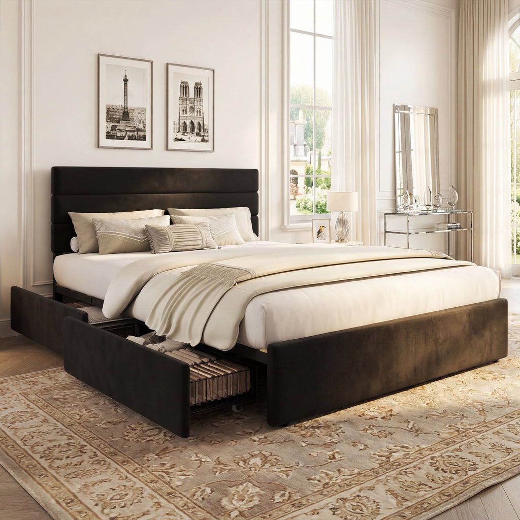 GALAXHERO Queen Size Upholstered Bed Frame with 4 Storage Drawers and Headboard, Velvet Platform Bedframe, Sturdy Metal & Wooden Slats Support, No Box Spring Needed, Easy Assembly