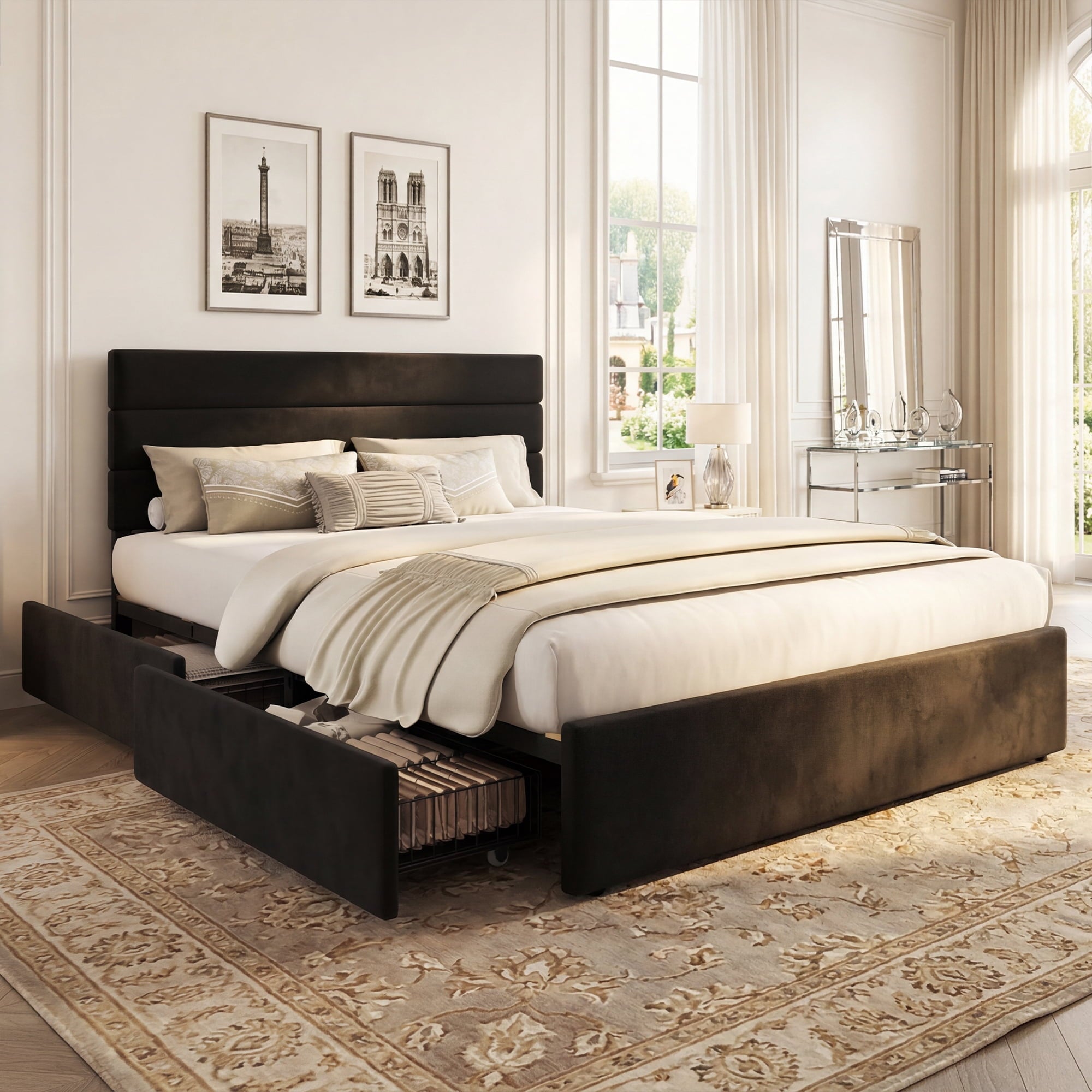 GALAXHERO Queen Size Upholstered Bed Frame with 4 Storage Drawers and Headboard, Velvet Platform Bedframe, Sturdy Metal & Wooden Slats Support, No Box Spring Needed, Easy Assembly