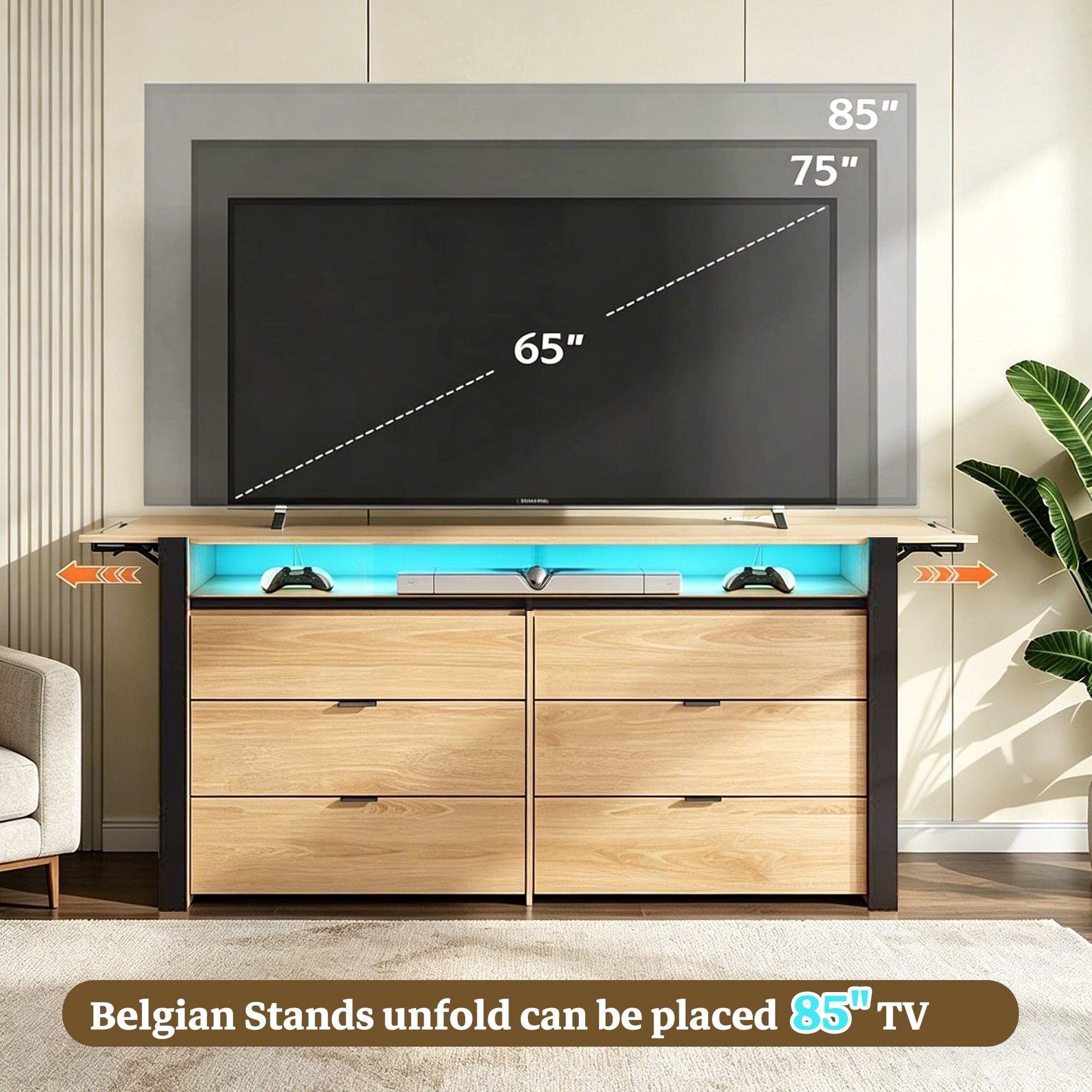 GALAXHERO 6 Drawer Dresser with LED Lights, Modern Dresser with Charging Station, Large Wood Chest of Drawers with Flexible Shelves and Hanging Rack for Bedroom, Closet, Living Room
