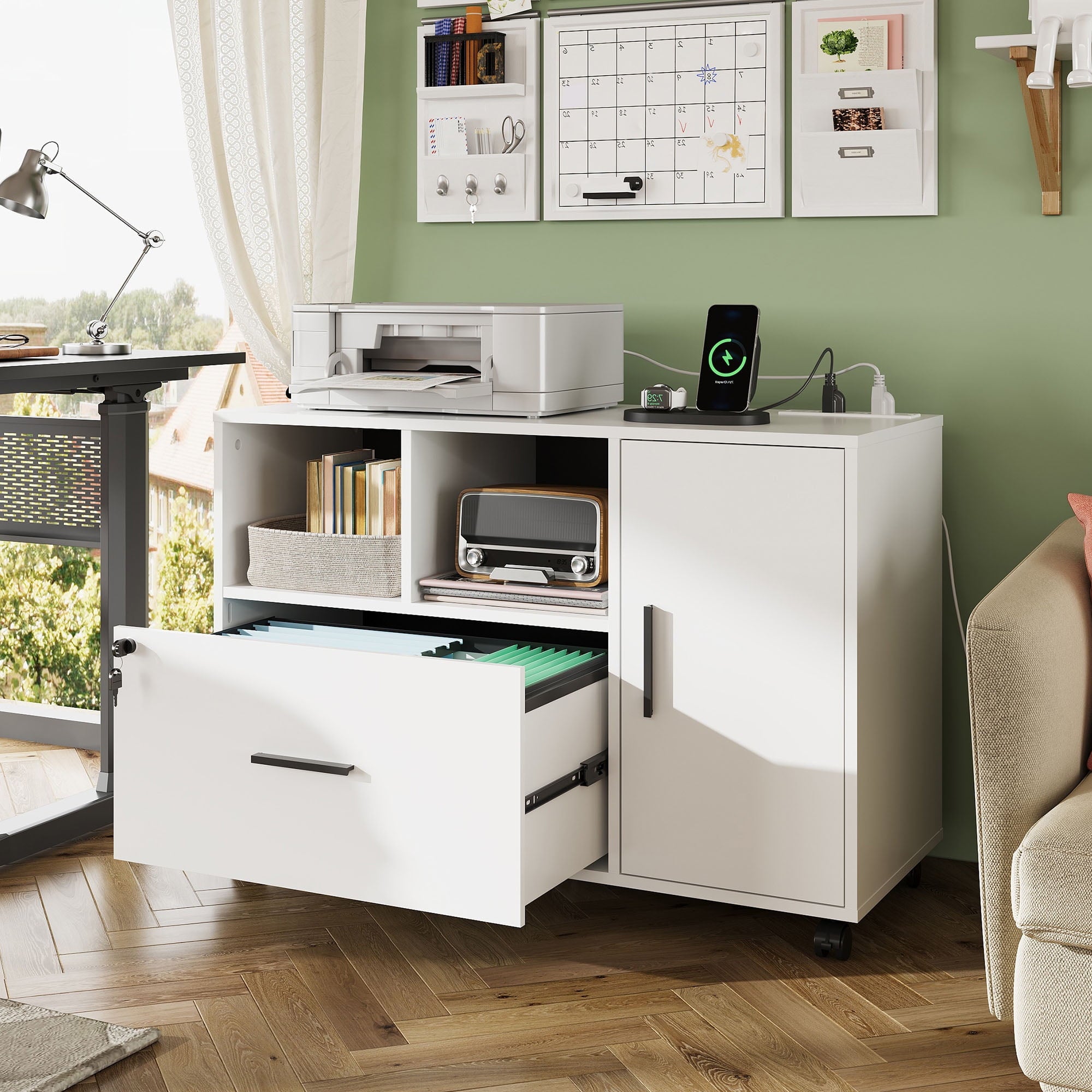 GALAXHERO Wood File Cabinet with Lock and Charge Station, Mobile Printer Stand with Storage Shelves for Home Office, White