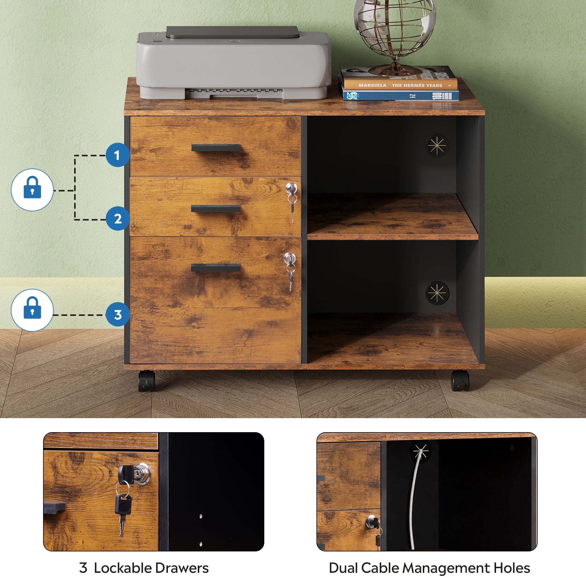 GALAXHERO 3-Drawer File Cabinet with Lock and Key, Mobile Wood Lateral Filing Cabinet & Printer Stand with Open Shelves for Home Office