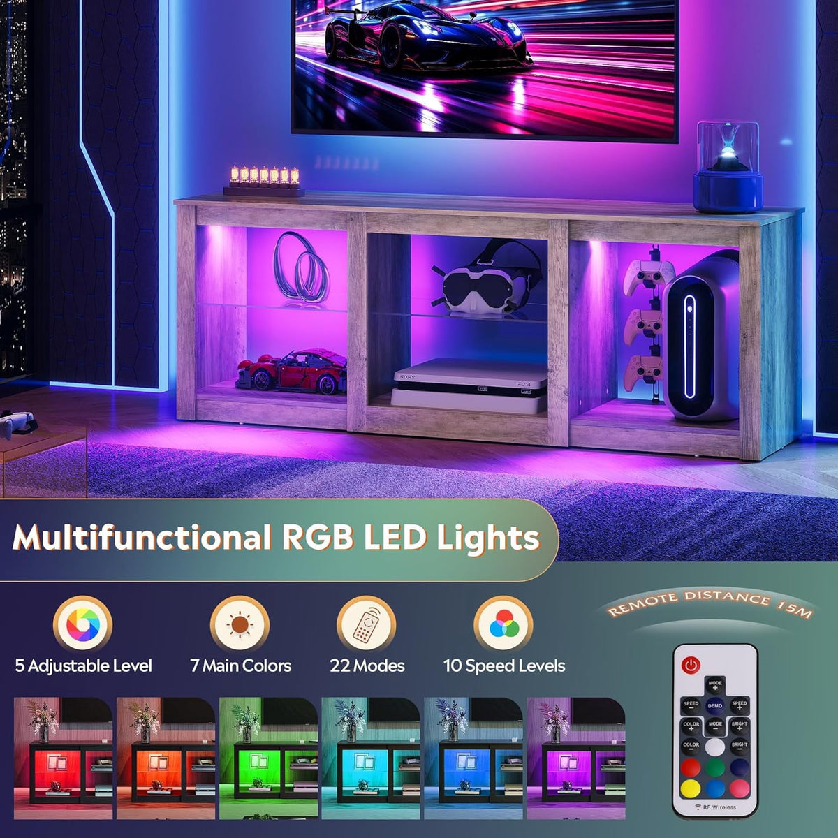GALAXHERO 58" Modern LED TV Stand Entertainment Center for 65 70 Inch TV with Adjustable Glass Shelves & RGB Lights, Wood Media Console Table for Living Room, Bedroom, Gaming Room