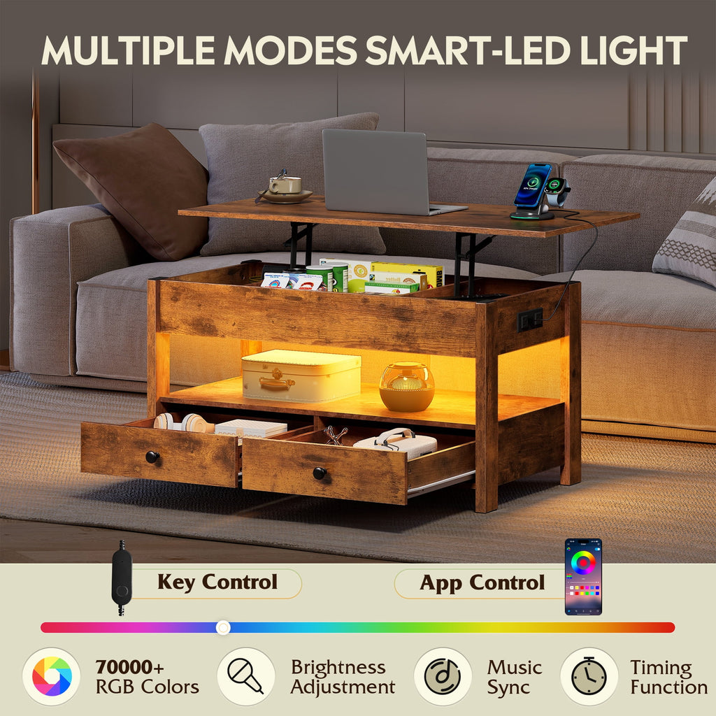 GALAXHERO Lift Top Coffee Table for Living Room Table with 2 Drawers & LED Light & Large Storage and Open Shelf