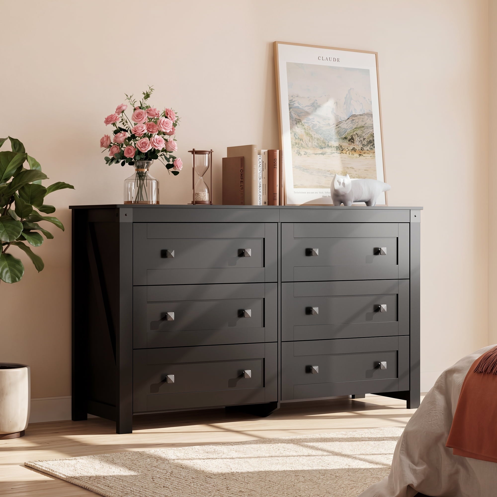 GALAXHERO Farmhouse 6 Drawer Dresser, Wood Dresser with Double Rustic Handles, TV Stand for 60" TV for Living Room, 53.07'' Wide Chest of Drawers for Bedroom, Hallway
