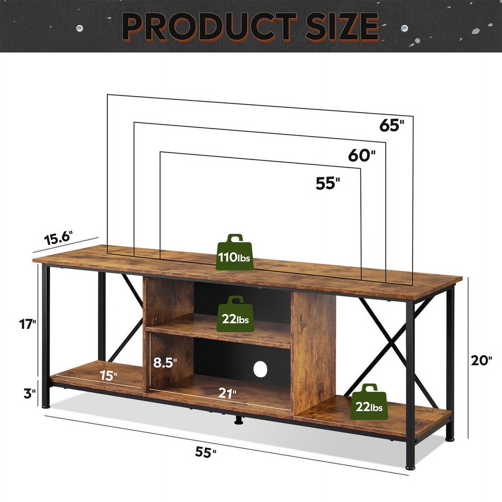 GALAXHERO TV Stand for 65 Inch TVs, 55" Rustic Industrial TV Console with Open Shelf, Entertainment Center for Living Room & Bedroom, Media Storage Cabinet, Rustic Brown