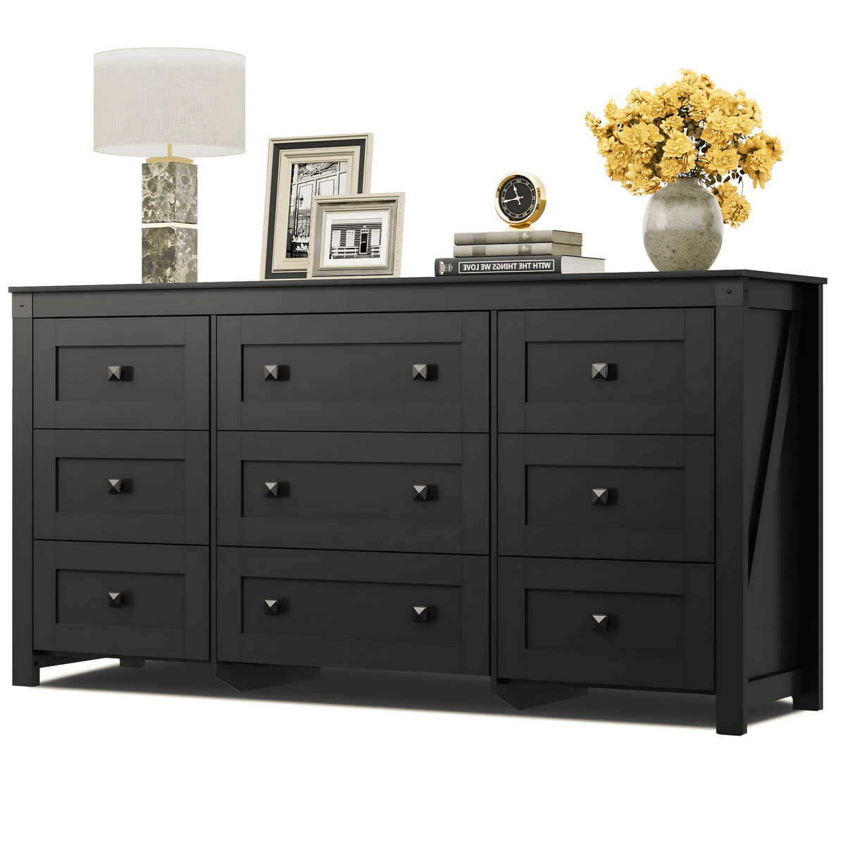 GALAXHERO Farmhouse 9 Drawer Wood Dresser, 63" Wide Storage Organizer with Double Rustic Handles, TV Stand for 70" TV, Chest of Drawers for Bedroom, Living Room