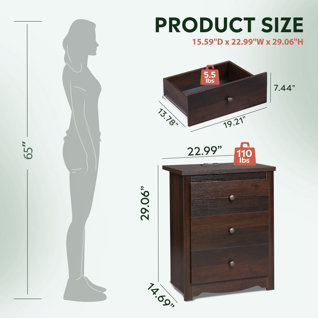 GALAXHERO Tall  Nightstand with Charging Station and 3 Drawers, Wood Bedside End Table with 2 USB Ports & 2 AC Outlets for Bedroom Living Room Dorm