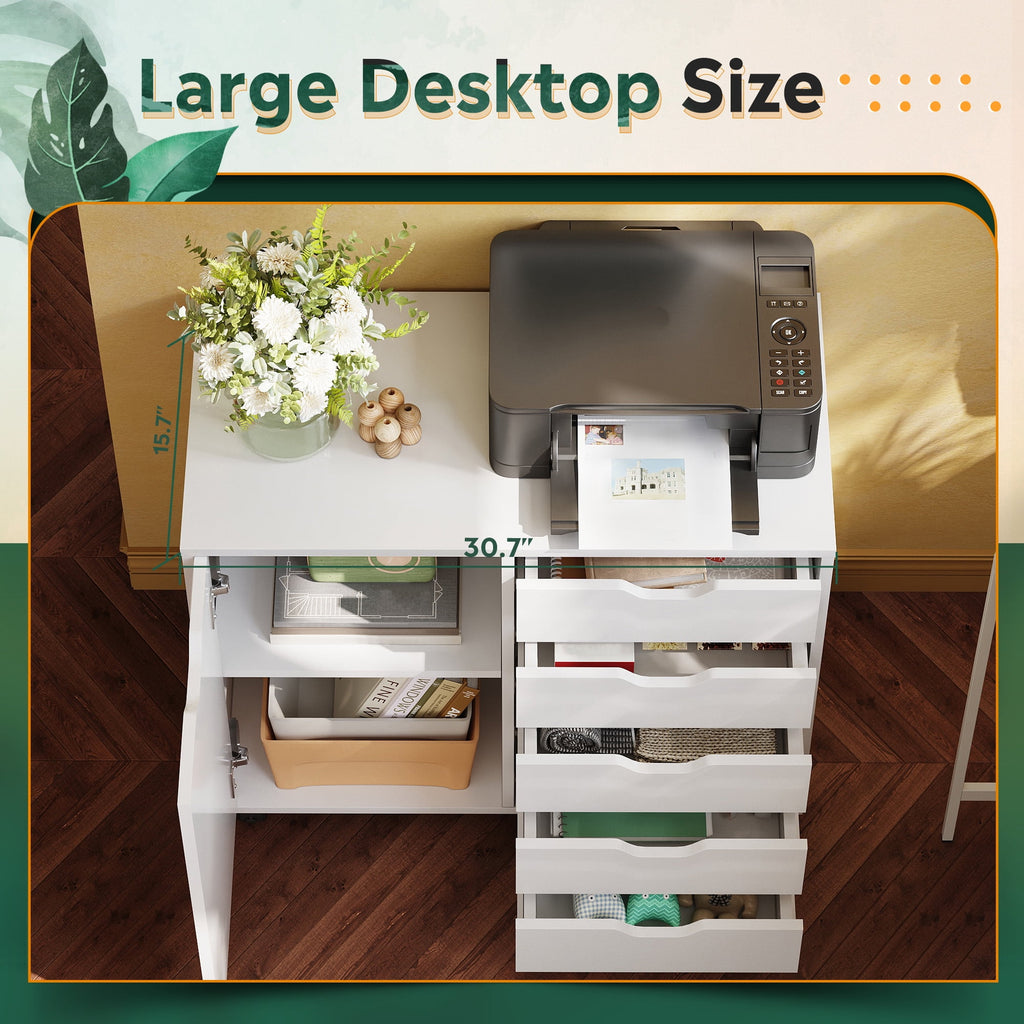 GALAXHERO 5 Drawer Wood File Cabinet, Mobile Printer Stand with Storage and Door for Home Office, White