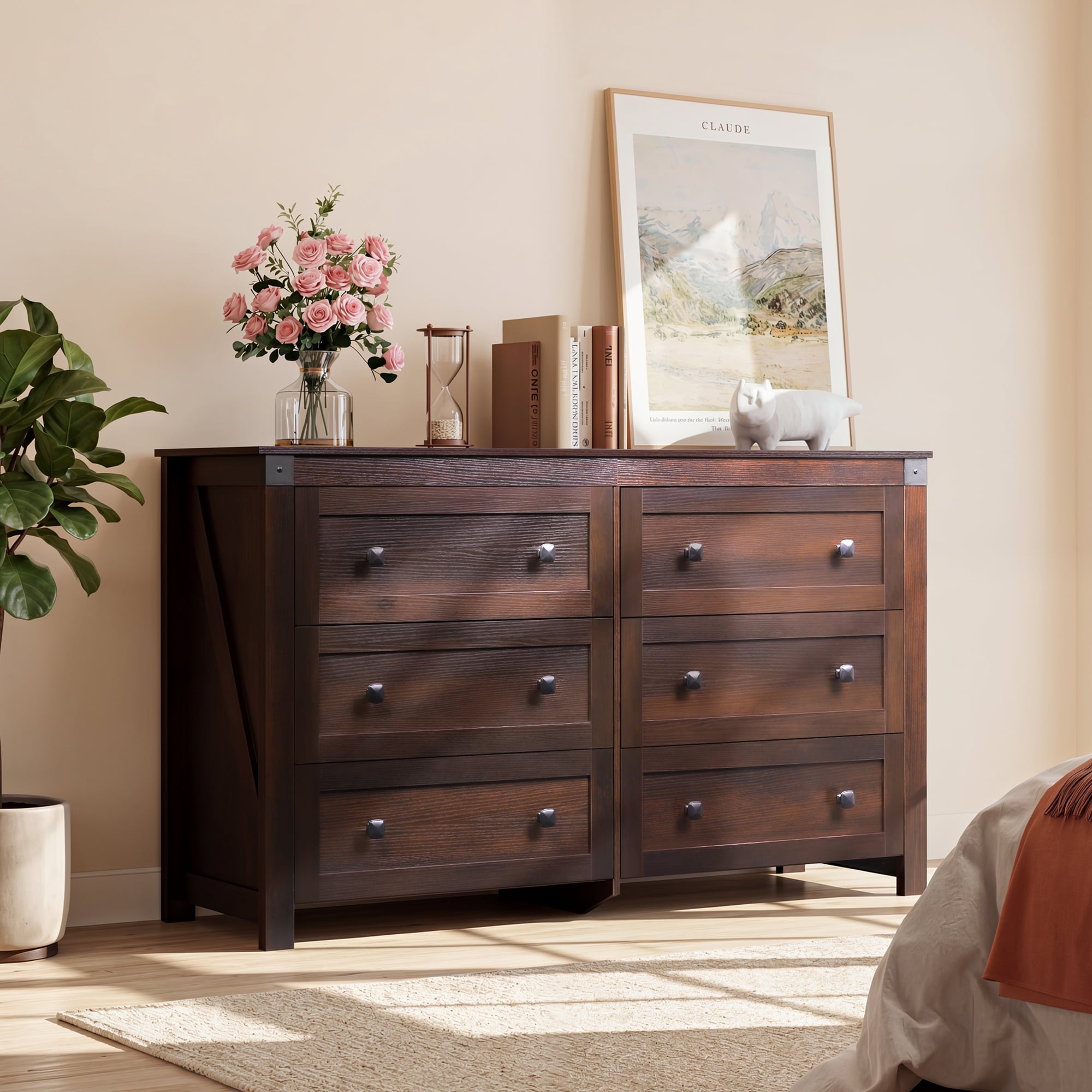 GALAXHERO Farmhouse 6 Drawer Dresser, Wood Dresser with Double Rustic Handles, TV Stand for 60" TV for Living Room, 53.07'' Wide Chest of Drawers for Bedroom, Hallway