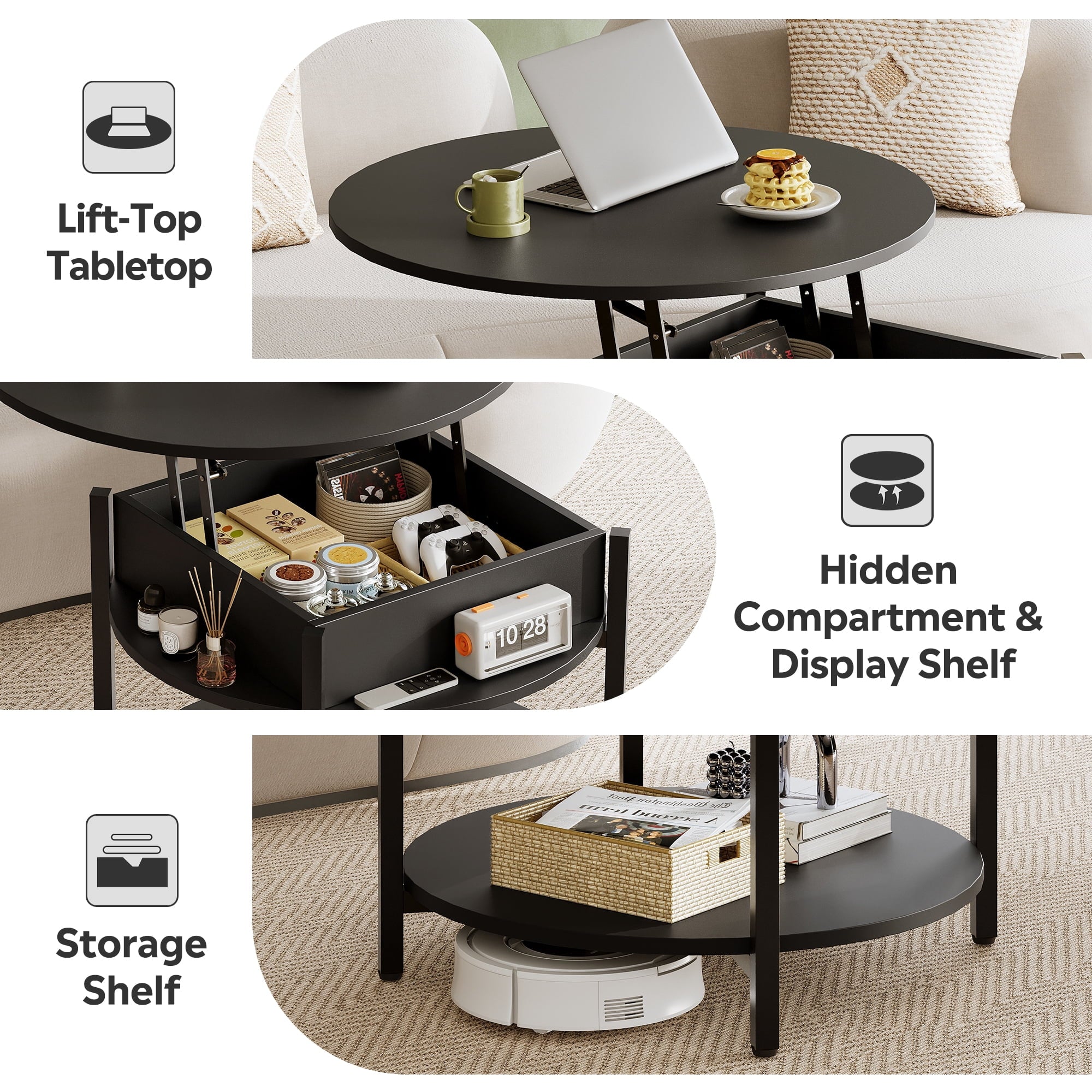 GALAXHERO Round Lift Top Coffee Table with Hidden Compartment and Storage Shelf, Farmhouse Small Coffee Table with 2 Tier for Living Room