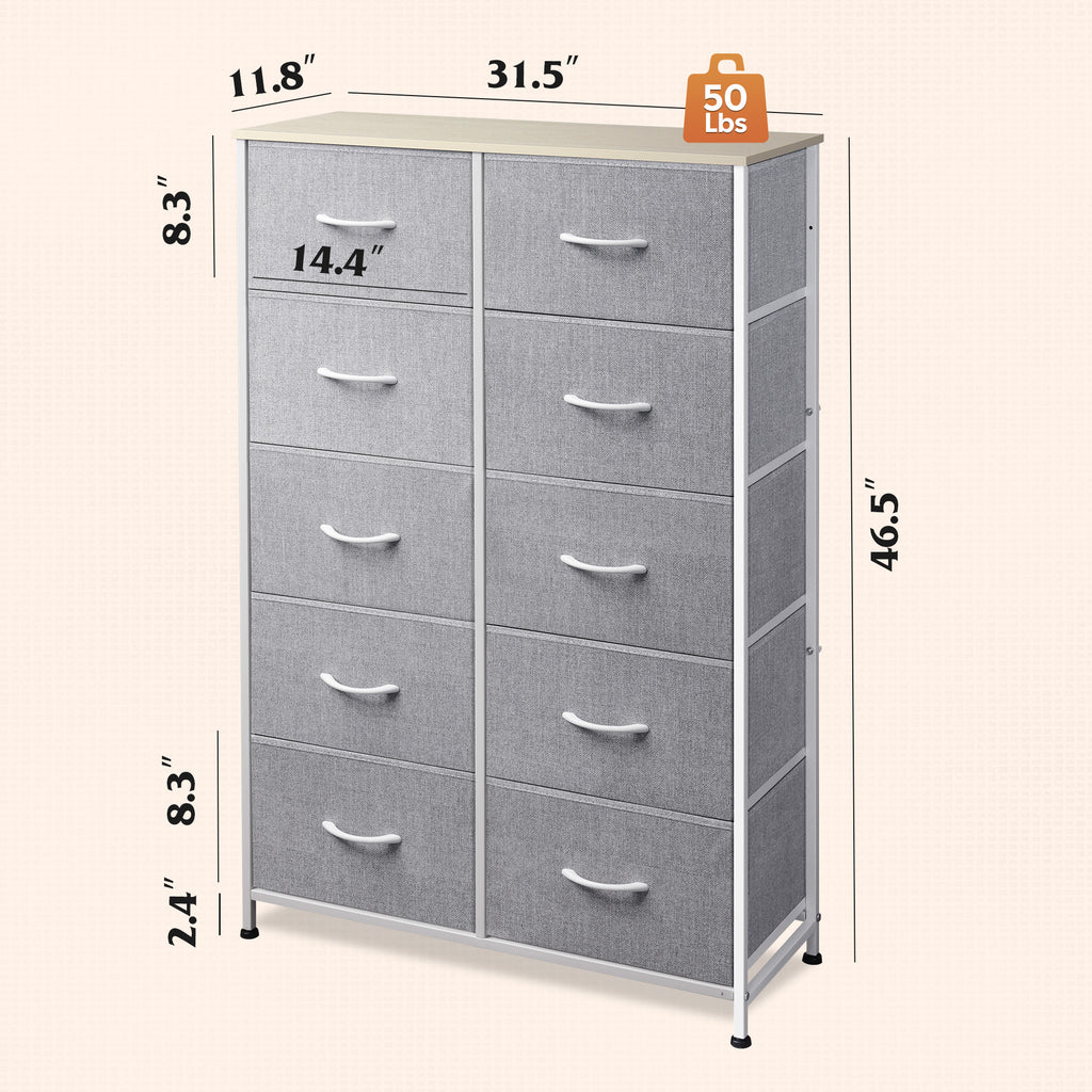 GALAXHERO Tall Dresser 10 Fabric Drawers, Storage Tower with Cabinet, Metal Frame, Wooden Top, Organizer Units for Bedroom, Living Room, Closet, Clothing