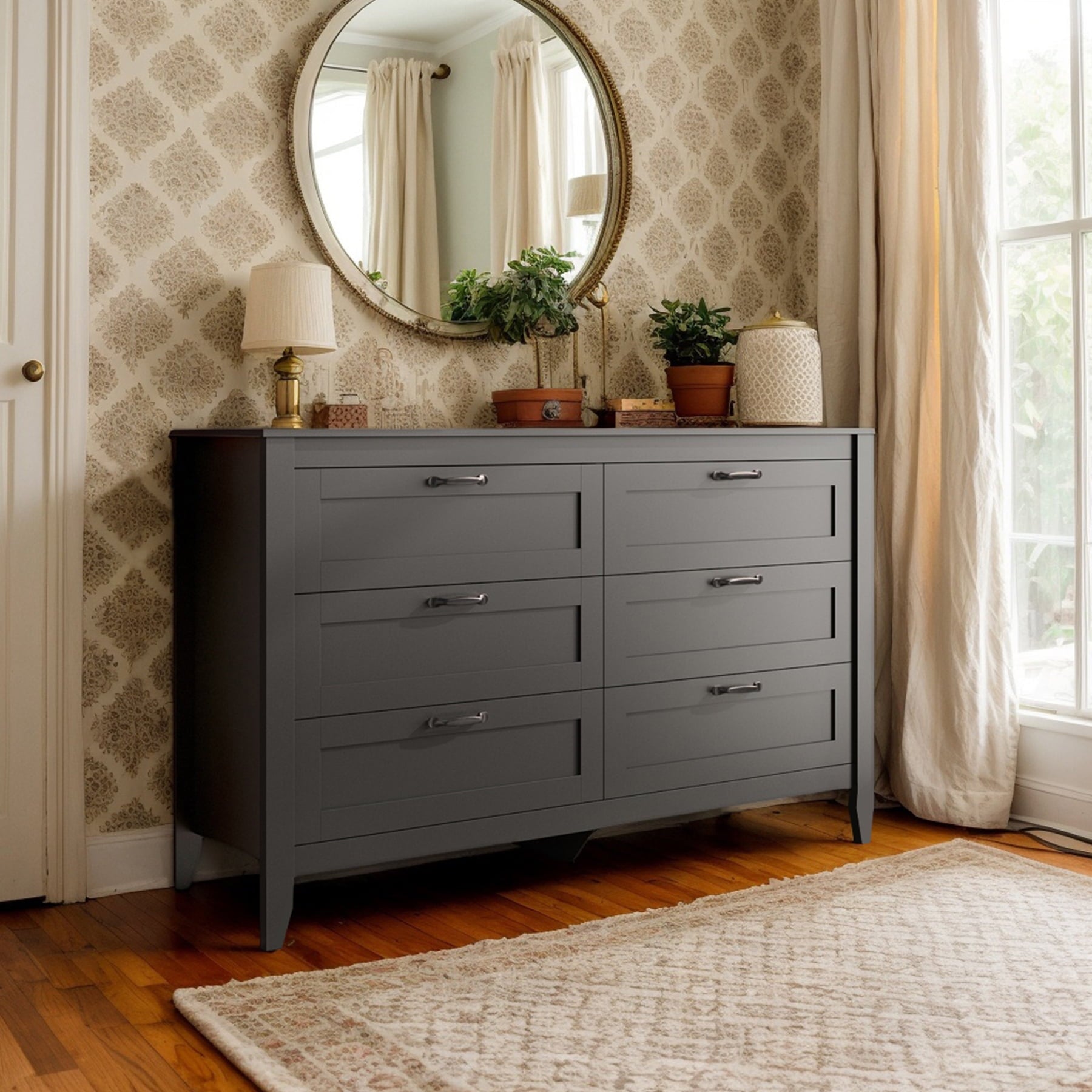 GALAXHERO 6-Drawer Double Wood Dresser - Farmhouse Chest of Drawers with Metal Handles for Bedroom, Living Room, Entryway