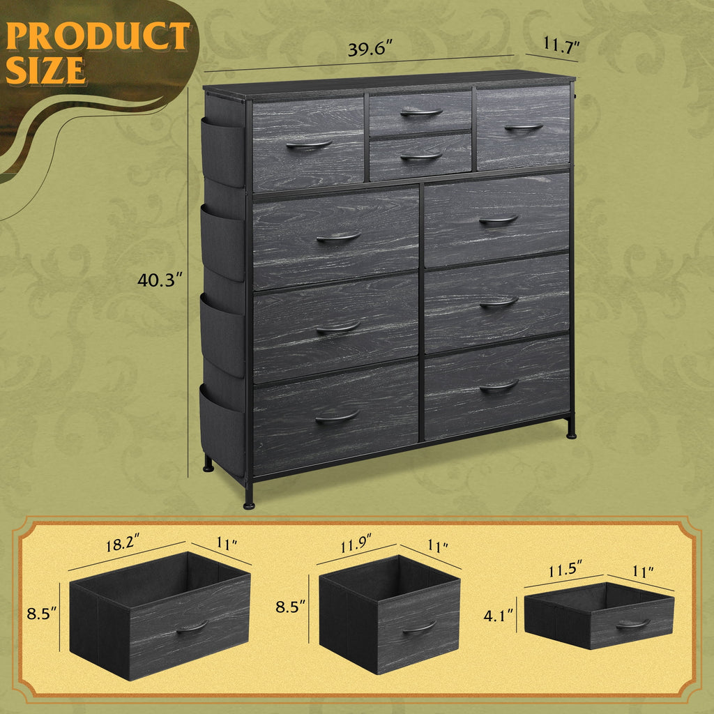 GALAXHERO 10-Drawer Fabric Dresser, Sturdy Metal Frame Organizer Unit with Side Pockets and Hooks for Bedroom, Living Room, Hallway
