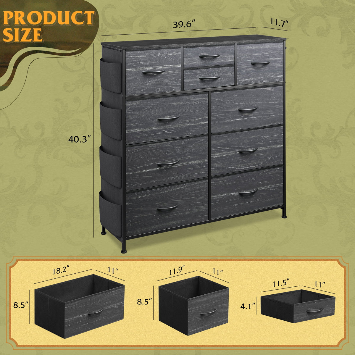 GALAXHERO 10-Drawer Fabric Dresser, Sturdy Metal Frame Organizer Unit with Side Pockets and Hooks for Bedroom, Living Room, Hallway