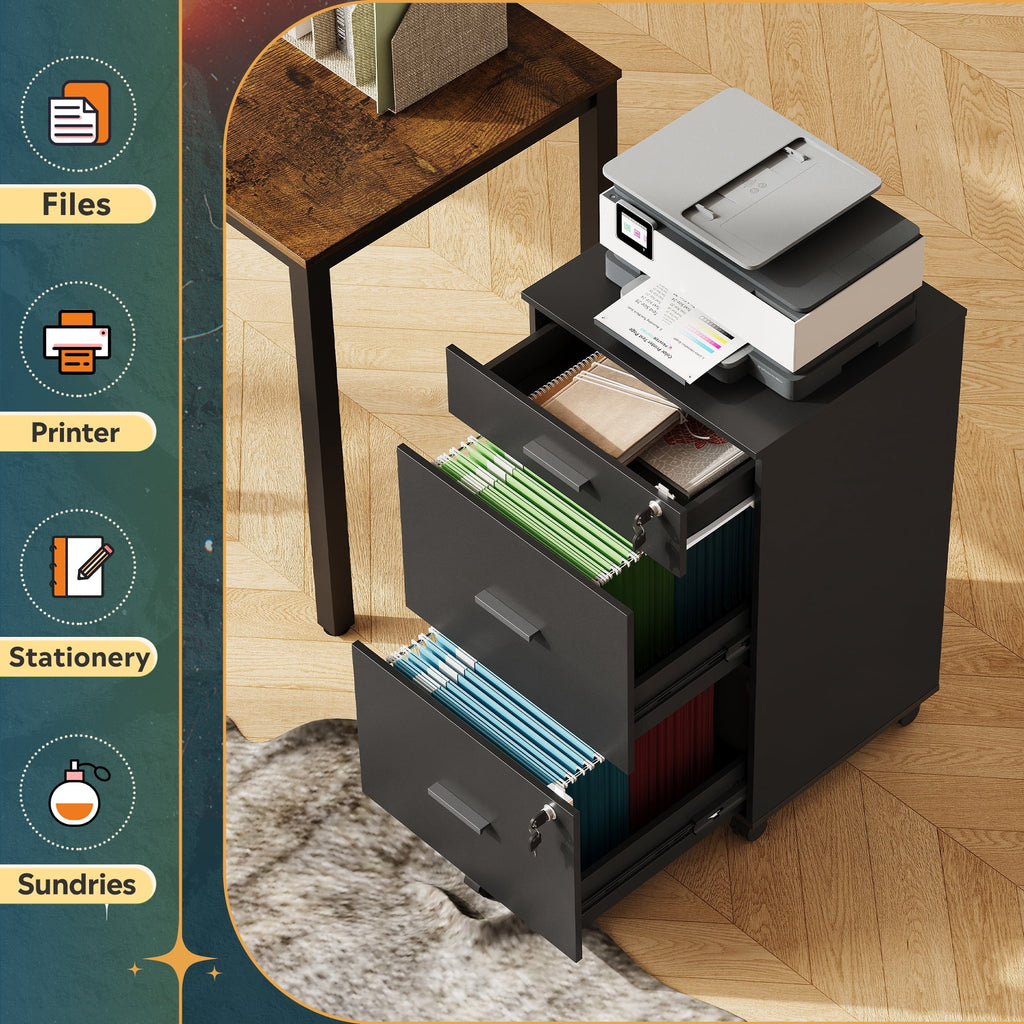 GALAXHERO Filing Cabinet with Lock and Key, 3 Drawer Rolling File Cabinet,  Wood Storage Locker, Fits Letter/A4 Size