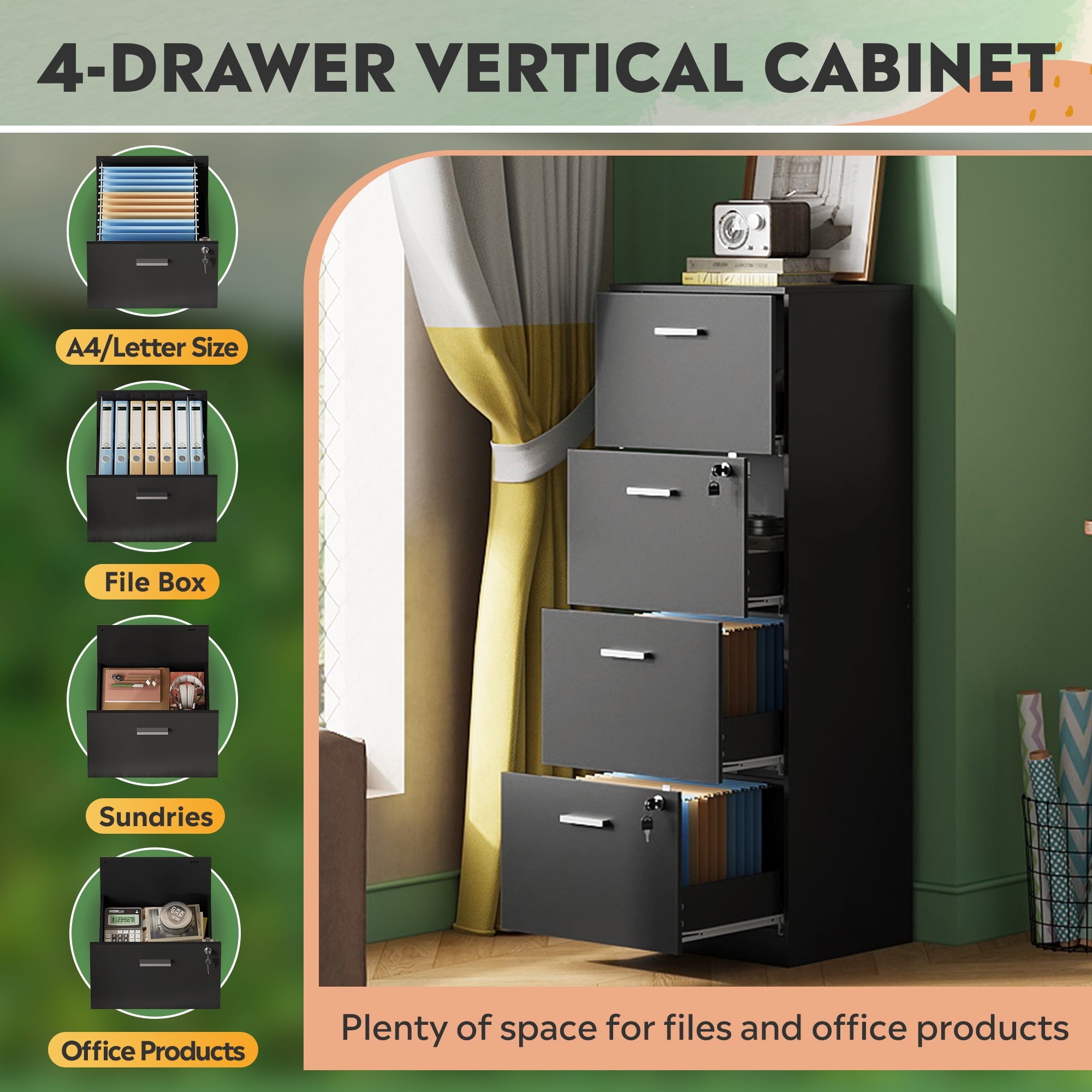 GALAXHERO 4 Drawer File Cabinet, Vertical Filing Cabinet with Lock and Key, Wood Storage Organizer for Home Office, Fit Letter/A4