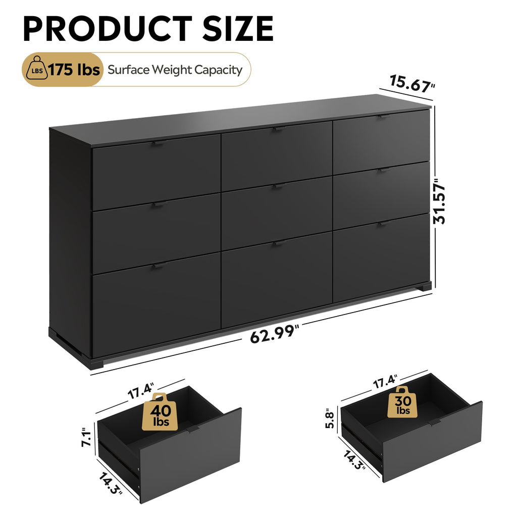 GALAXHERO 9-Drawers Dresser for Bedroom, 63" Wide Modern Dresser for Bedroom, Large Chest of Drawers with Sturdy Metal Handle, Wood Dresser for Living Room, Hallway