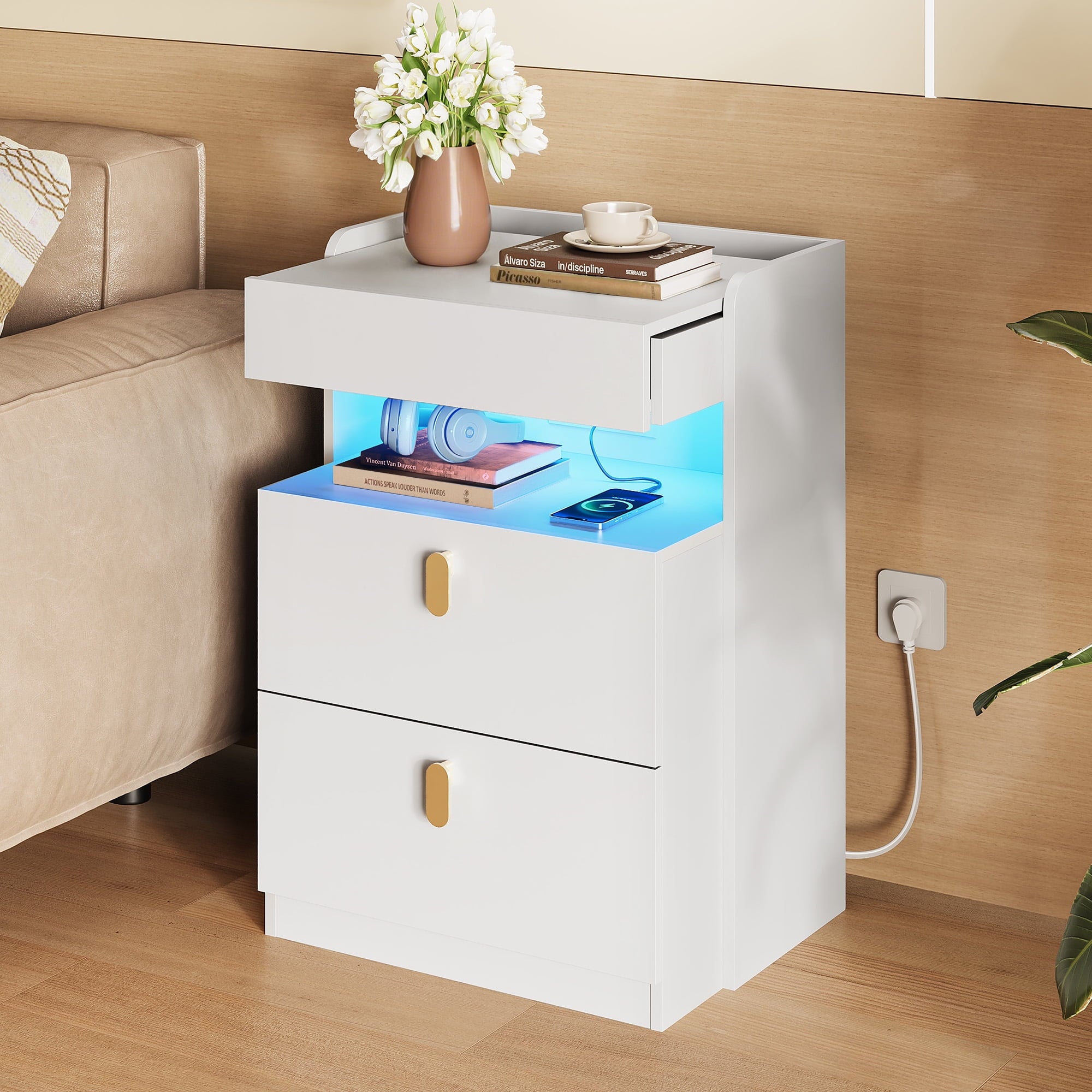 GALAXHERO 2 Drawer Nightstand with Charging Station and LED Lights, Modern Bedside Tables with Sliding Top for Bedroom, Wood End Table for Living Room