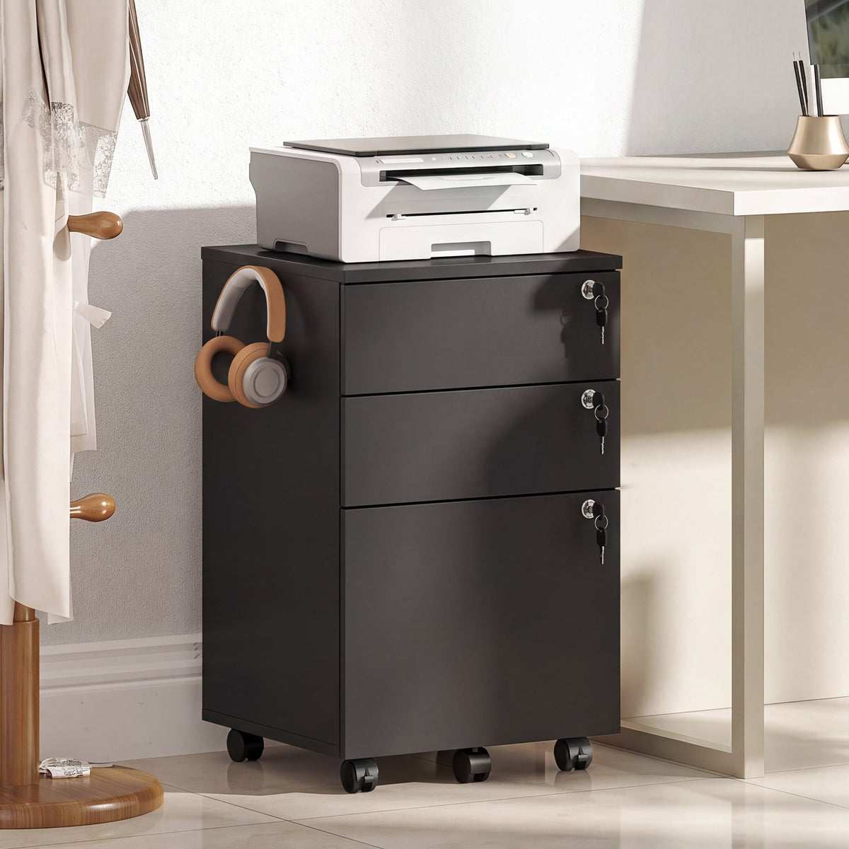 GALAXHERO 3 Drawers Storage Cabinet with Lock, Rolling Wood File Cabinet, Vertical Filing Cabinet for Home Office, Fits Letter/A4