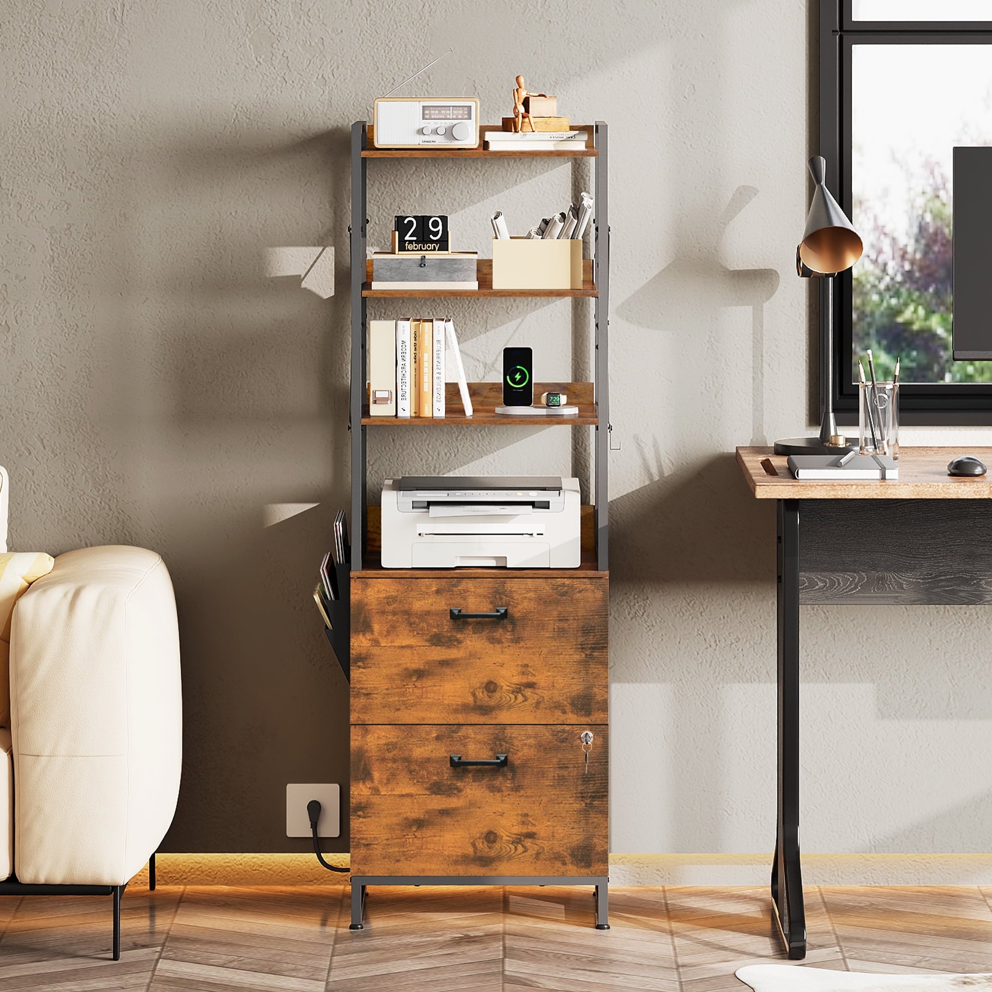 GALAXHERO 2 Drawer File Cabinet with Charging Station, Tall Vertical Filling Cabinet with Lock, Fits Letter/A4/Legal Size, Printer Stand & Adjustable Shelves for Home Office