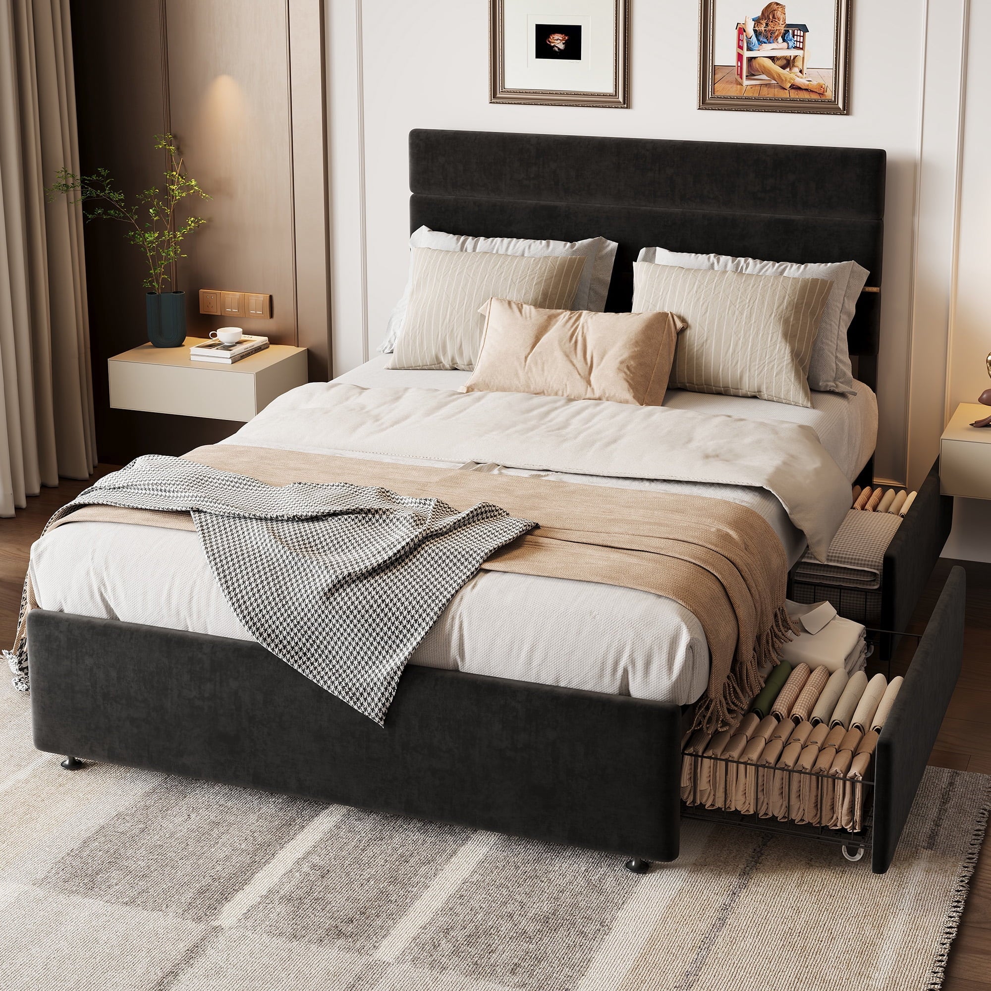 GALAXHERO Full Size Upholstered Bed Frame with 4 Storage Drawers and Headboard, Velvet Platform Bedframe, Sturdy Metal & Wooden Slats Support, No Box Spring Needed, Easy Assembly