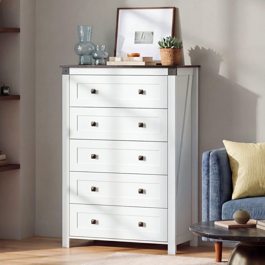 GALAXHERO Farmhouse 5 Drawer Dresser,Tall Dresser with Double Rustic Handles, Wood Chest of Drawers for Bedroom, Living Room, Hallway