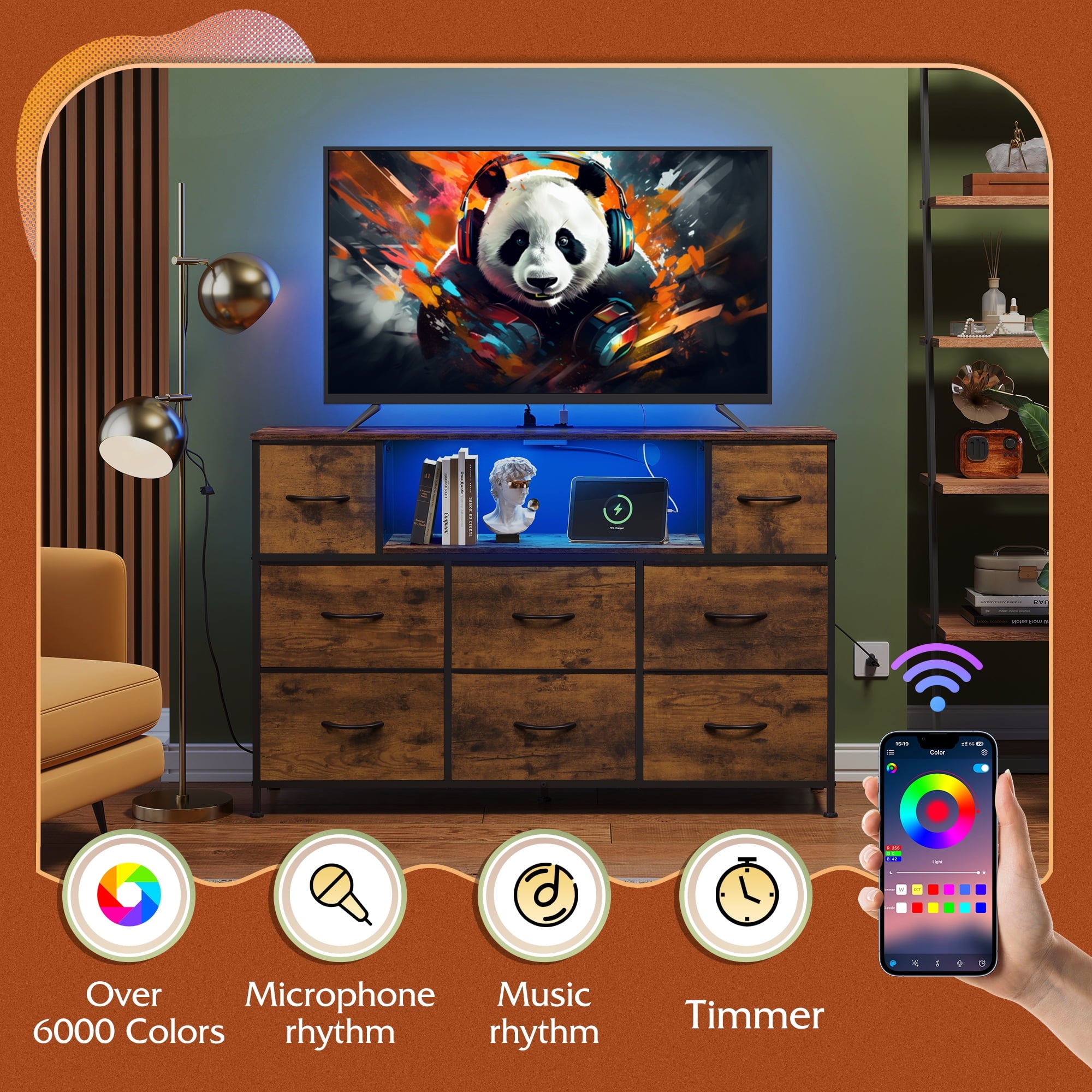 GALAXHERO 8-Drawer Fabric Dresser with Charging Station and LED Lights, TV Stand for 55-Inch TV, Storage Chest with Open Shelves for Bedroom, Living Room, Closet