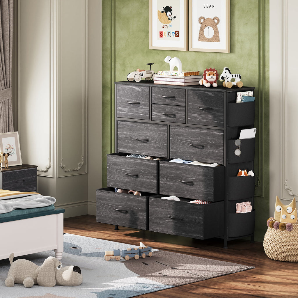 GALAXHERO 10-Drawer Fabric Dresser, Sturdy Metal Frame Organizer Unit with Side Pockets and Hooks for Bedroom, Living Room, Hallway