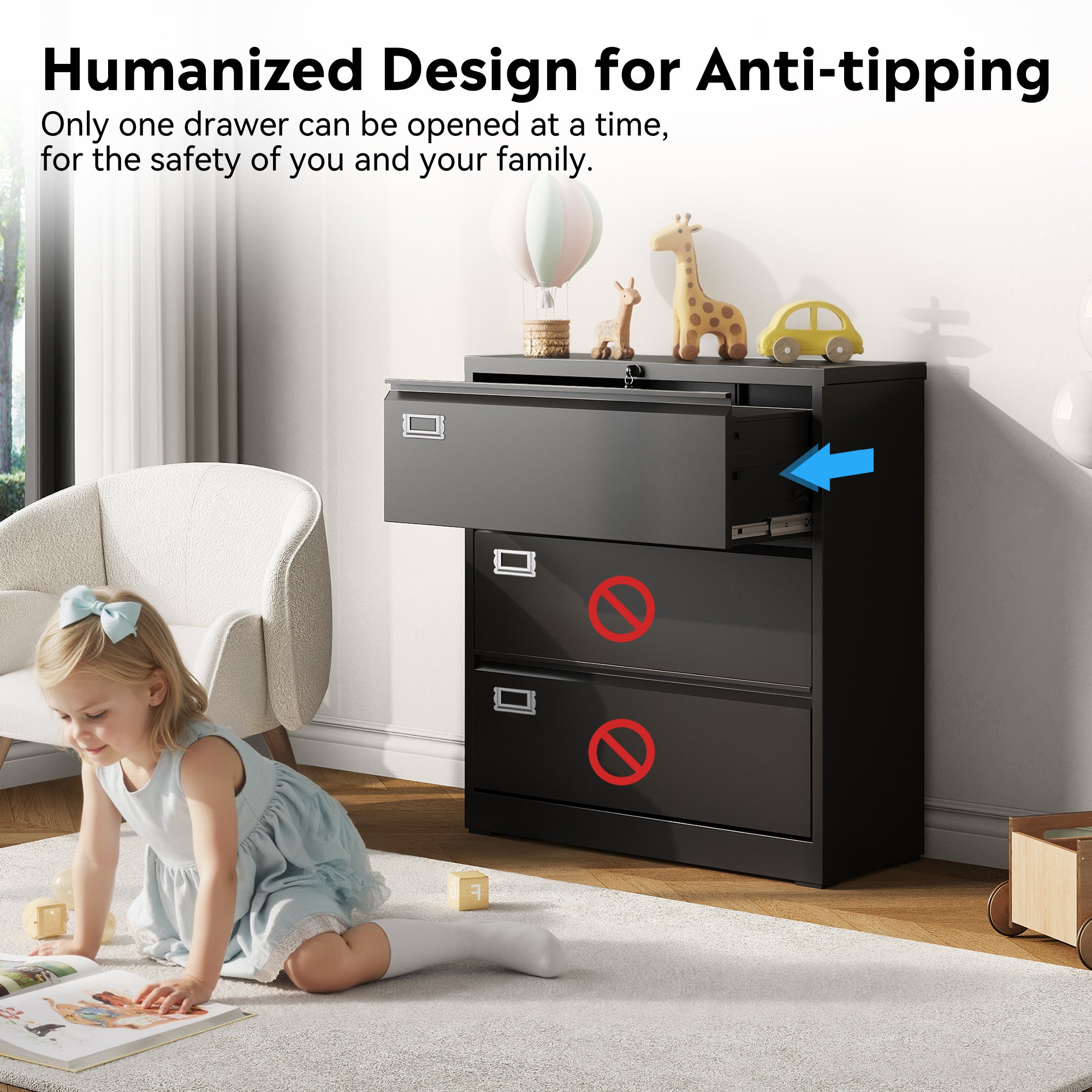 GALAXHERO Lateral File Cabinet with 3 Drawer, Metal Lockable Storage Cabinet for Home Office, Hanging Files Letter/Legal/F4/A4 Size, Black