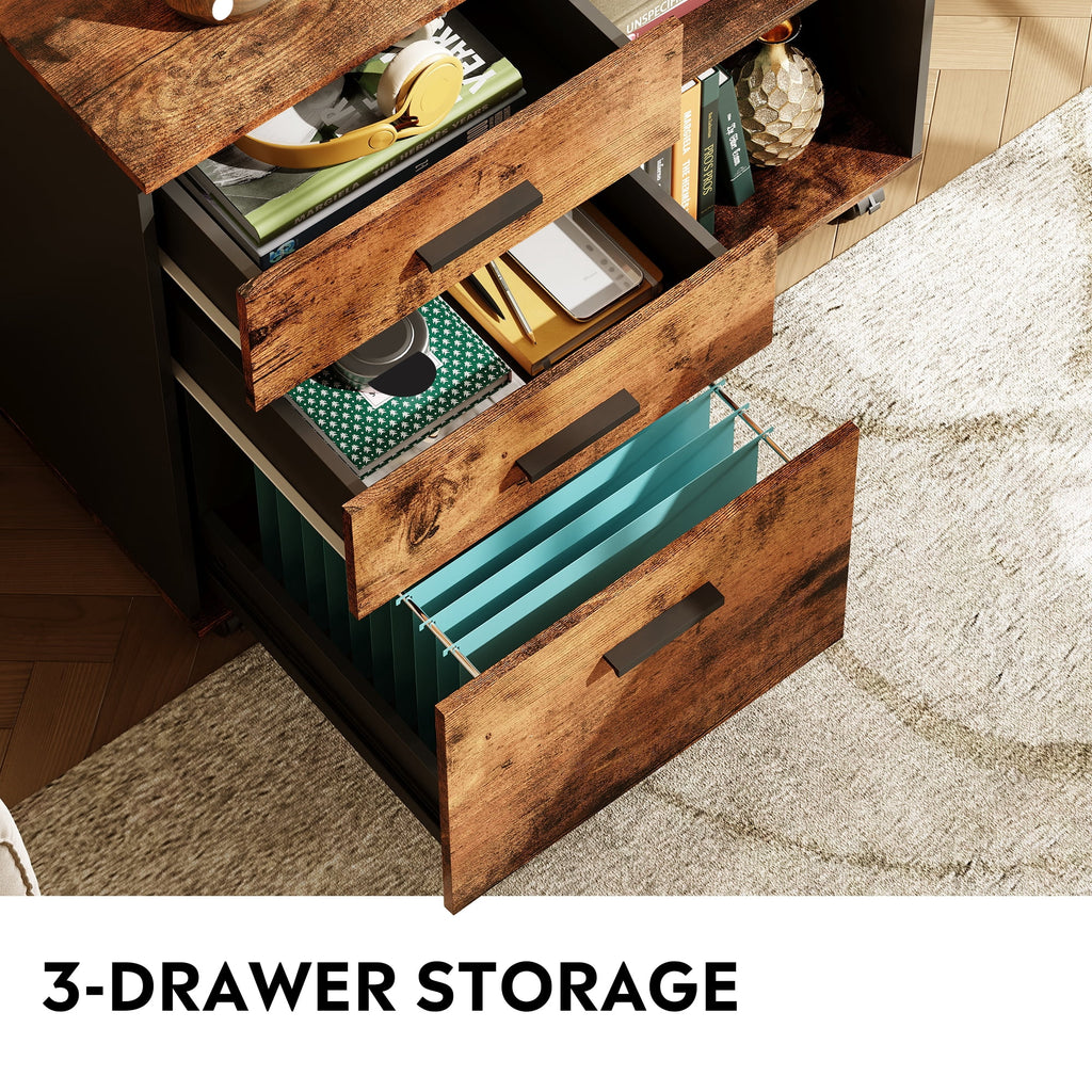 GALAXHERO 3-Drawer Filing Cabinet, Mobile Lateral File Cabinet, Printer Stand with Open Shelves, Wood Office Cabinet