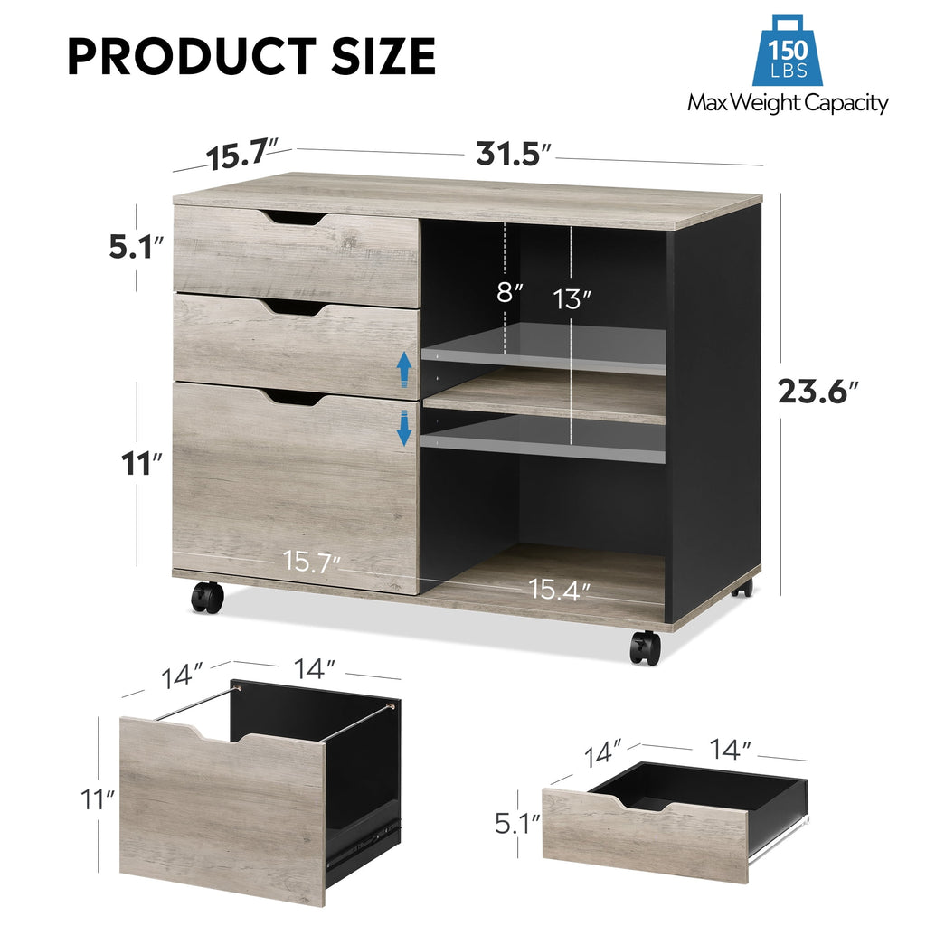 GALAXHERO 3-Drawer Filing Cabinet, Mobile Lateral File Cabinet, Printer Stand with Open Shelves, Wood Office Cabinet