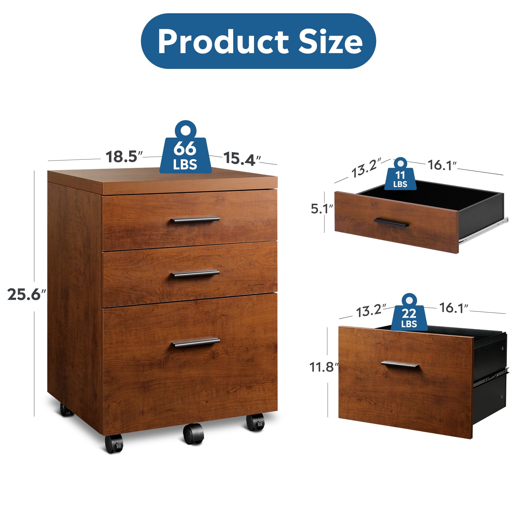 GALAXHERO 3 Drawer Storage Cabinet, Wood Rolling File Cabinet with Whells, Printer Stand Filing Cabinet for Home Office, Fit Letter/A4/Legal