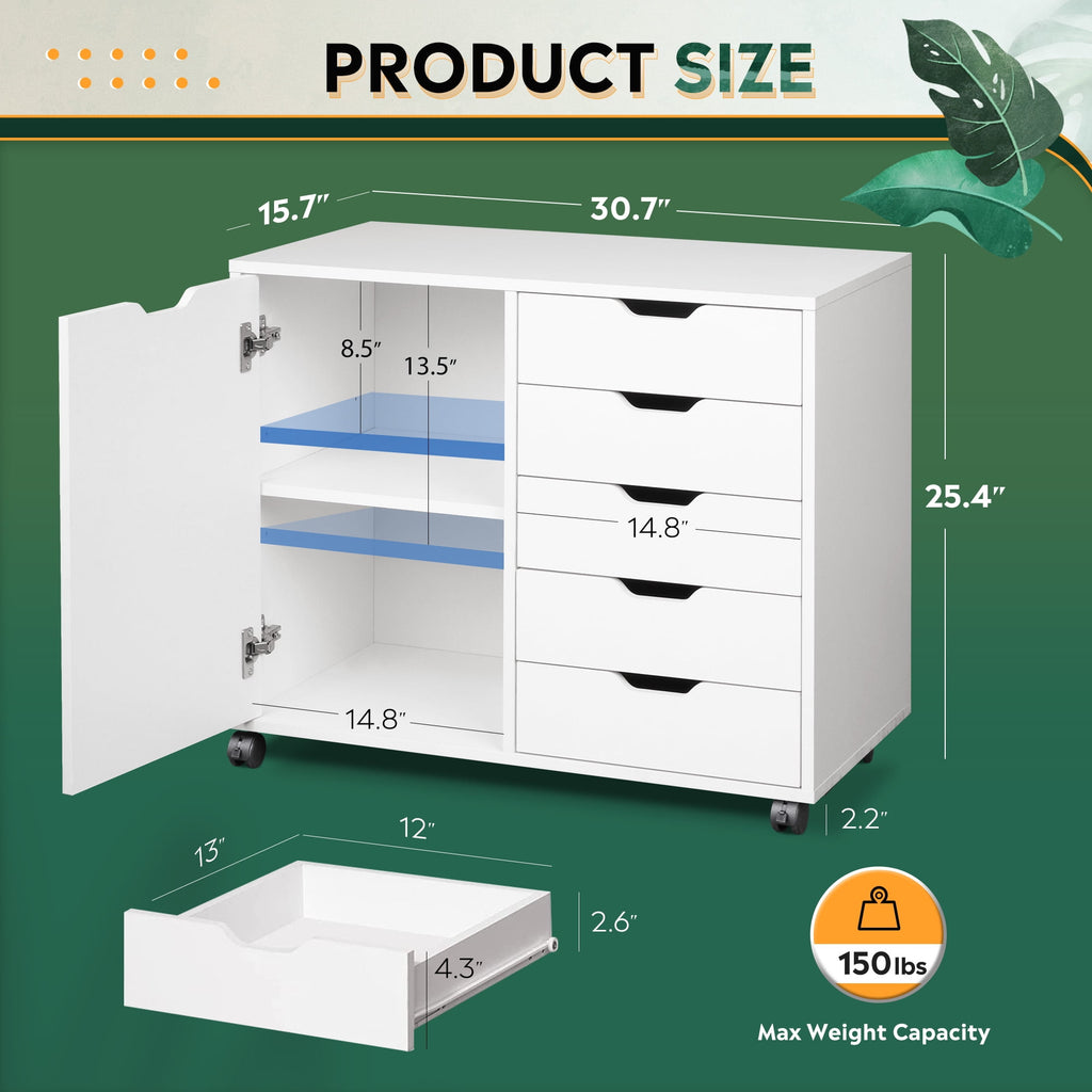 GALAXHERO 5 Drawer Wood File Cabinet, Mobile Printer Stand with Storage and Door for Home Office, White