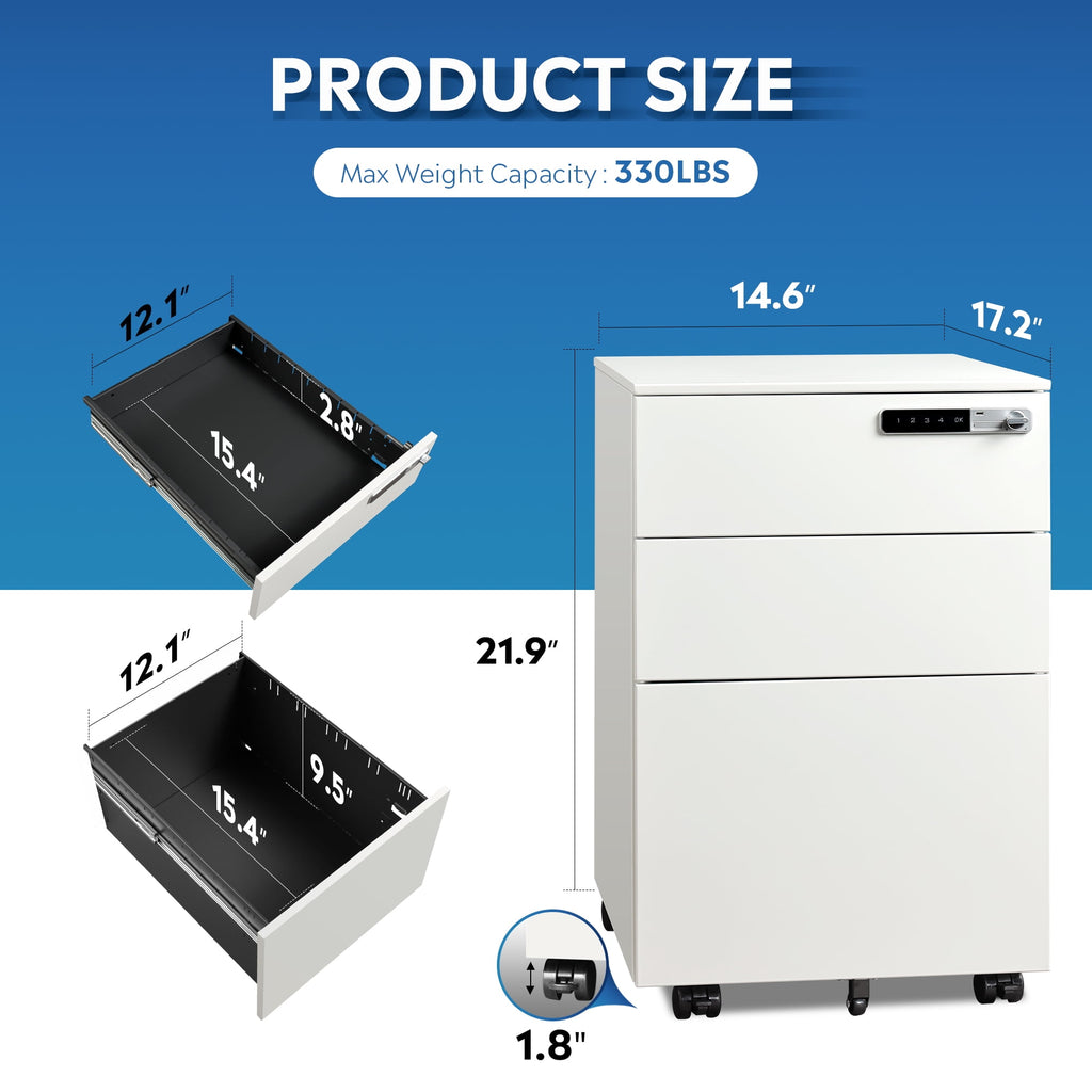 GALAXHERO Metal File Cabinet with Combination Lock, Mobile Drawers on Wheels, 3-Drawer Storage Organizer for Home Office, A4/Letter/Legal Size, White