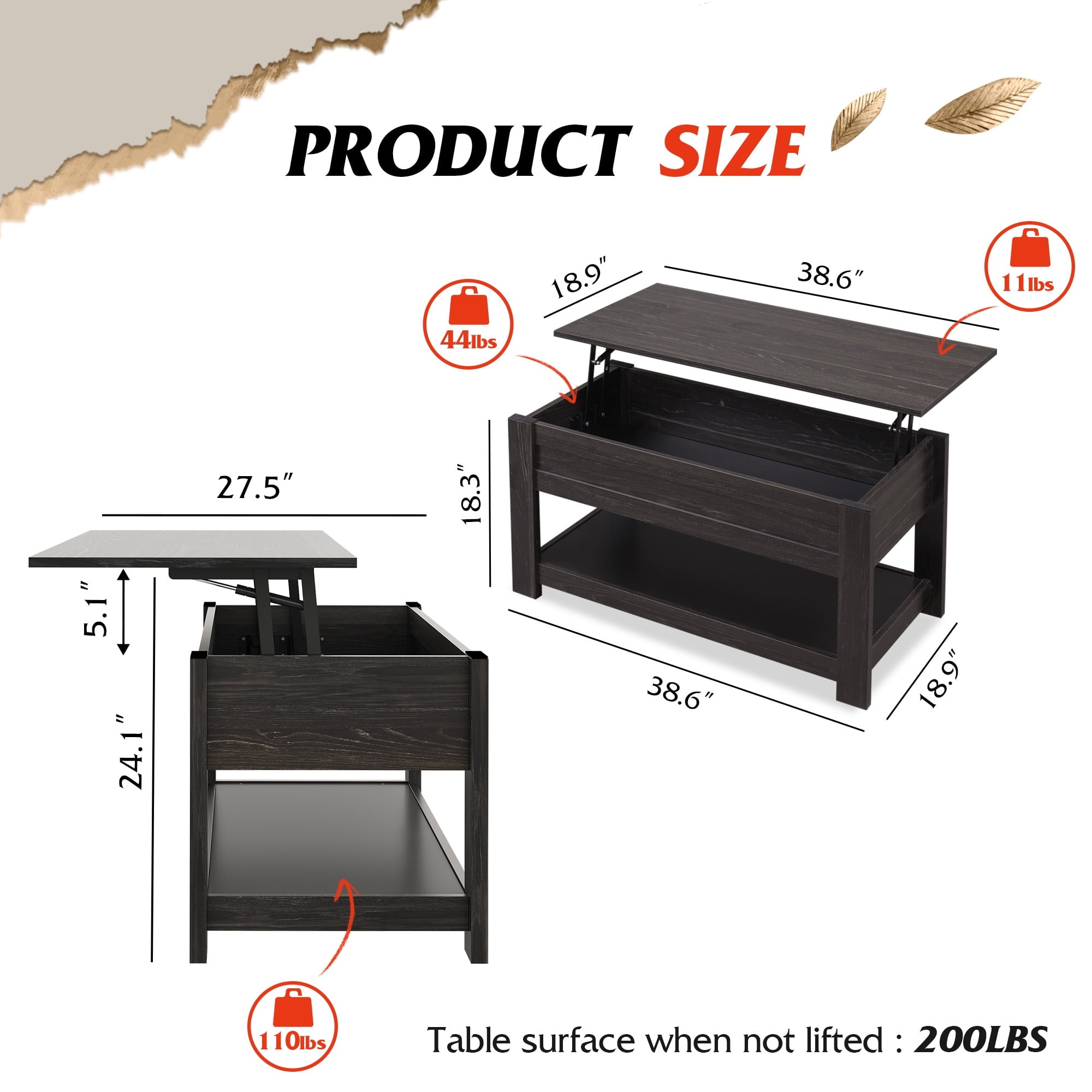 GALAXHERO Coffee Table, 39" Lift Top Coffee Table with Hidden Storage and Storage Shelf for Living Room