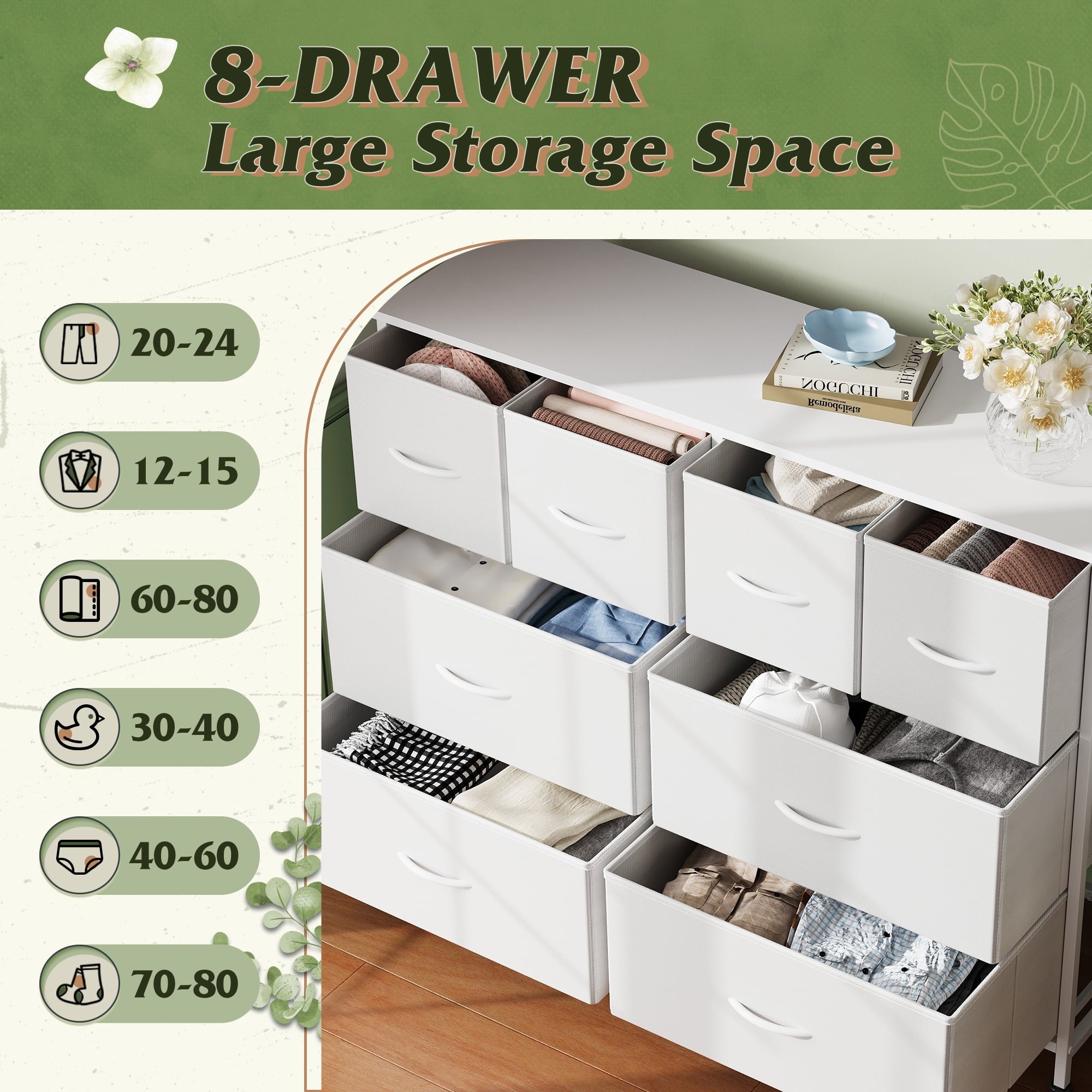 GALAXHERO 8-Drawer Dresser for Bedroom, Wide Fabric Chest of Drawers for Storage and Organization, Closet Hallway and Living Room Use