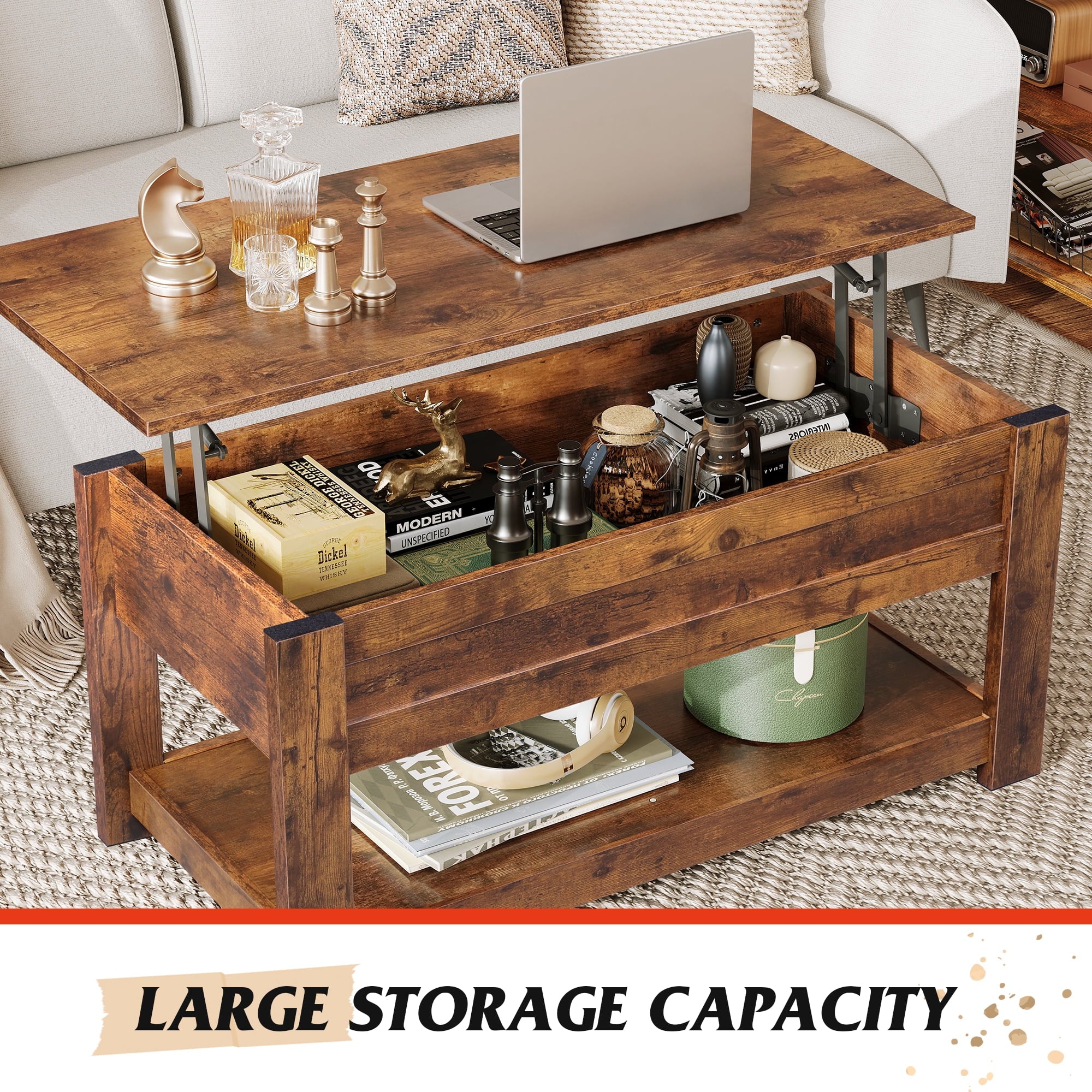 GALAXHERO 39" Lift Top Coffee Table with Hidden Storage and Storage Shelf Lift Up Coffee Table for Living Room