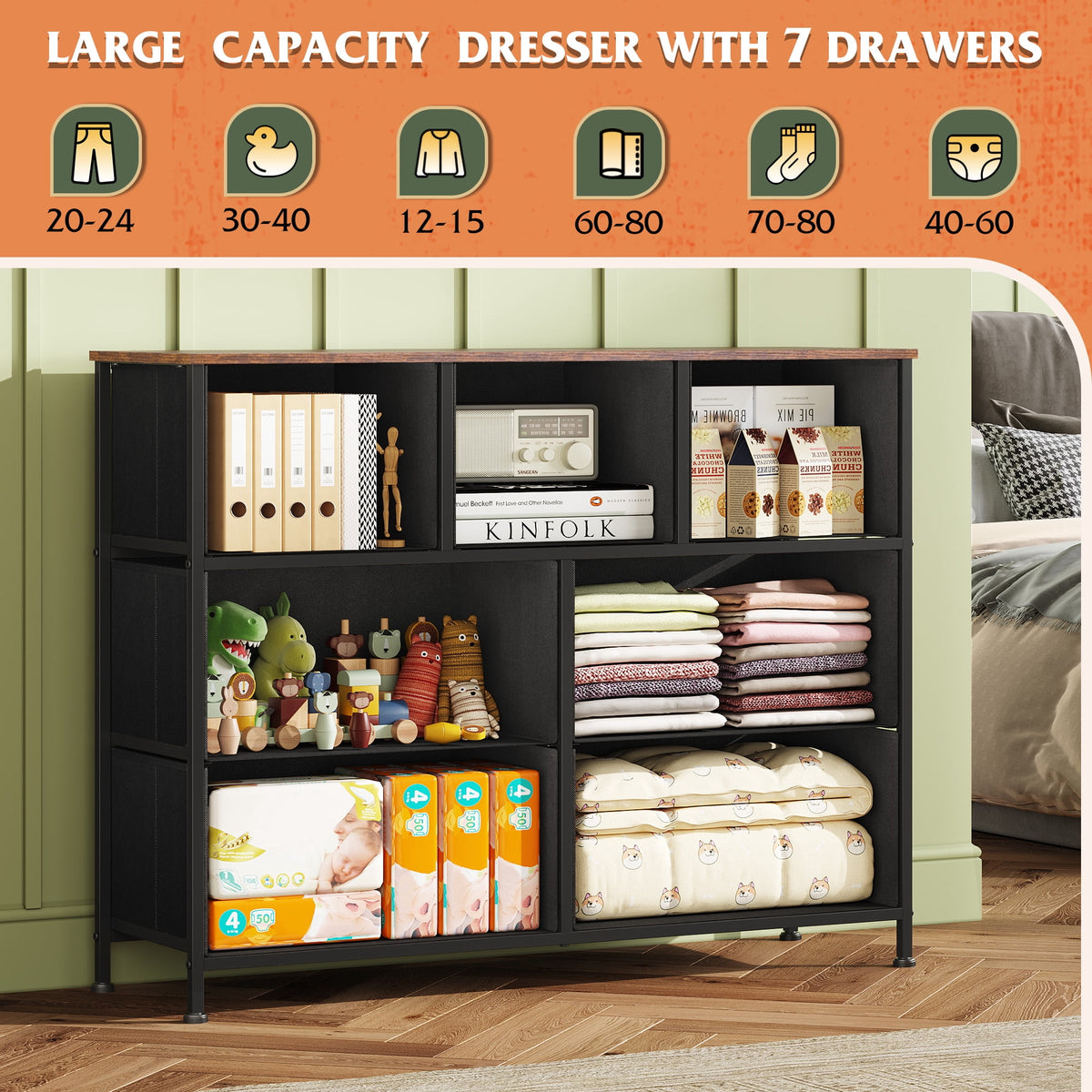 GALAXHERO 7 Drawer Dresser, TV Stands for 45" TV, Chest of Drawers with Fabric Bin for Bedroom, Living Room, Entryway