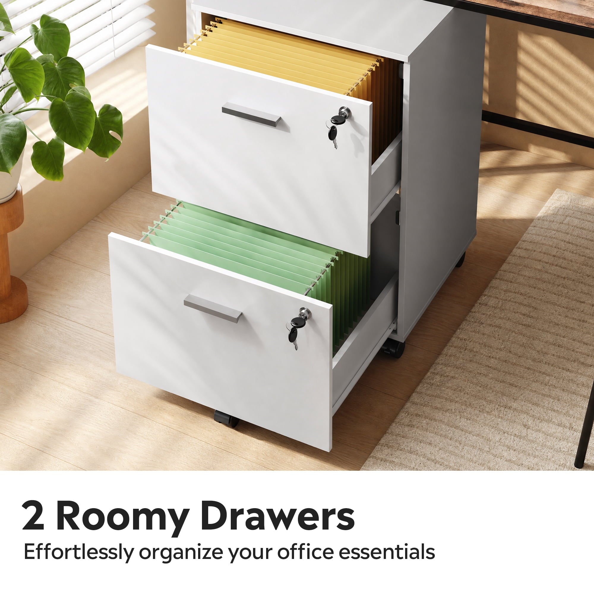 GALAXHERO 2 Drawer Filing Cabinet with Lock, Wooden Printer Stand with Storage for Home Office, Mobile Locking File Cabinet Fits Letter/A4 Hanging Files