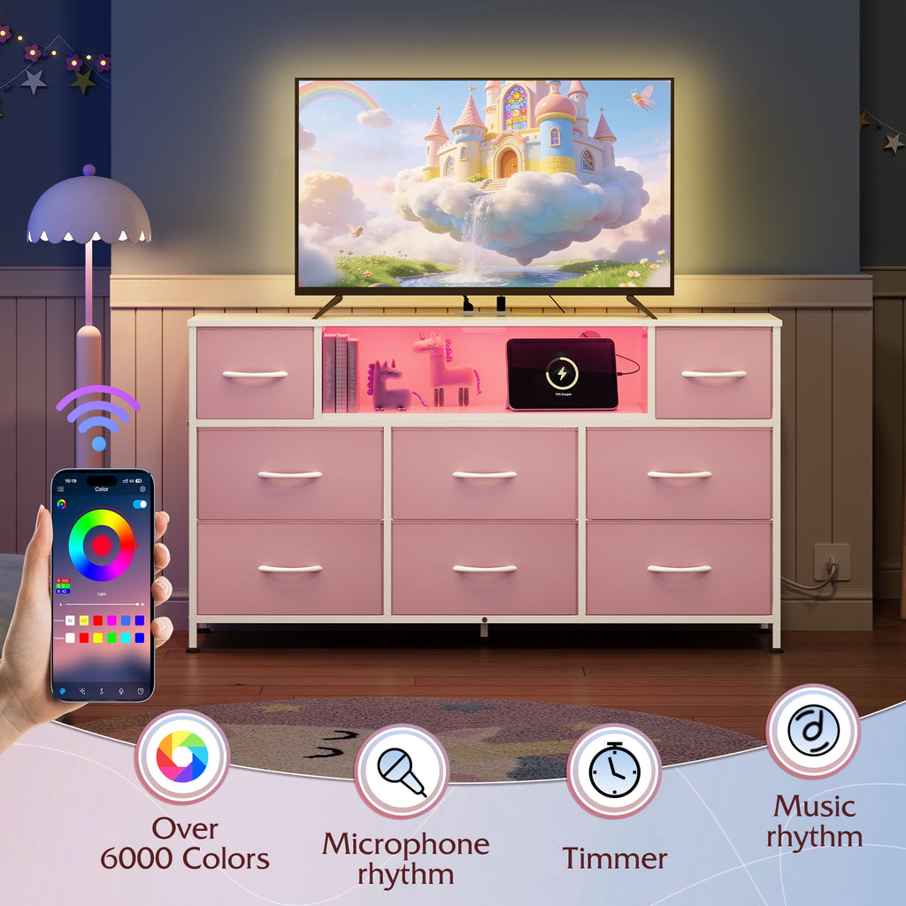 GALAXHERO 8-Drawer Dressers for Bedroom, Dresser TV Stand for 55'' TV with LED Lights and Power Outlets, Fabric Chest of Drawers for Living Room, Entryway