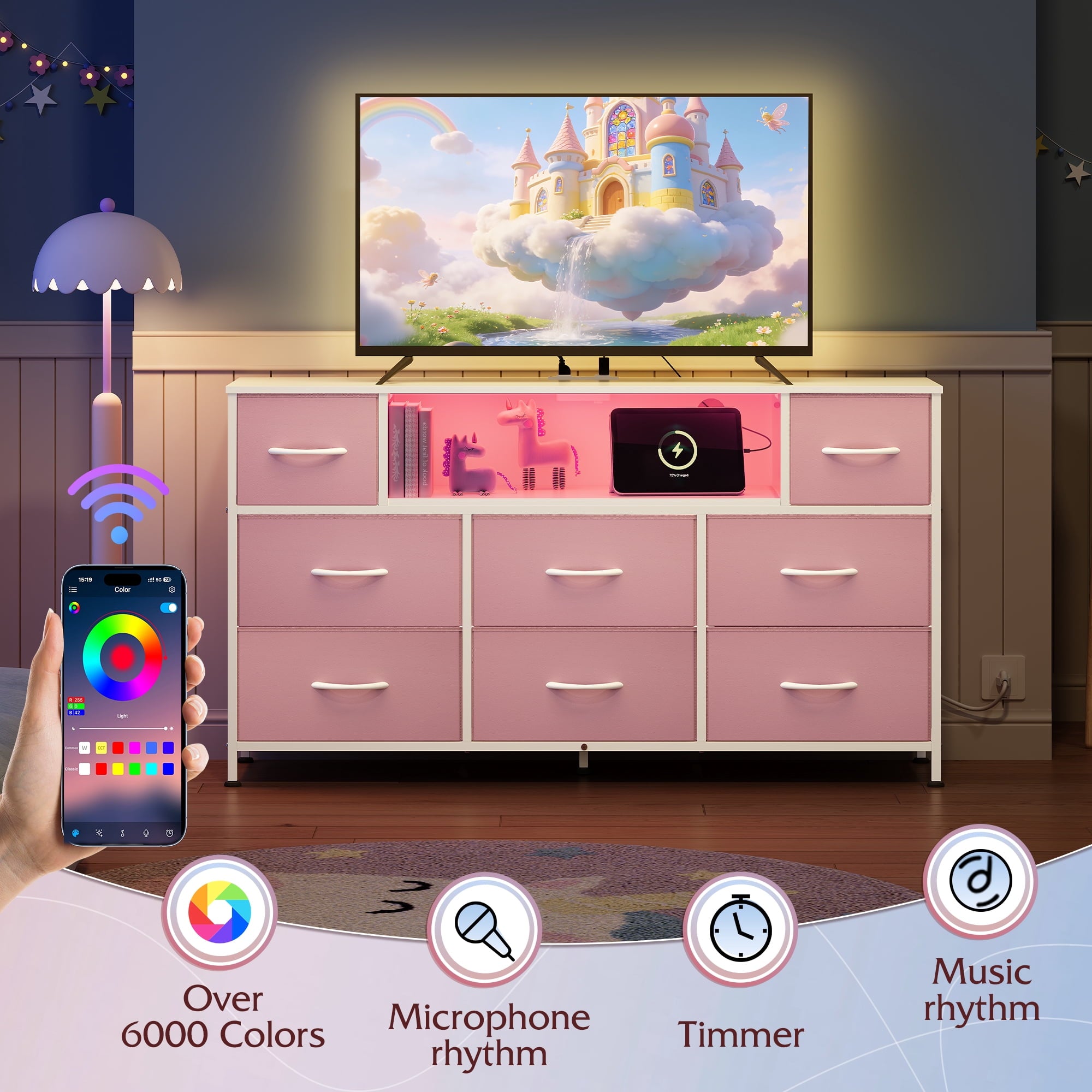 GALAXHERO 8-Drawer Dressers for Bedroom, Dresser TV Stand for 55'' TV with LED Lights and Power Outlets, Fabric Chest of Drawers for Living Room, Entryway