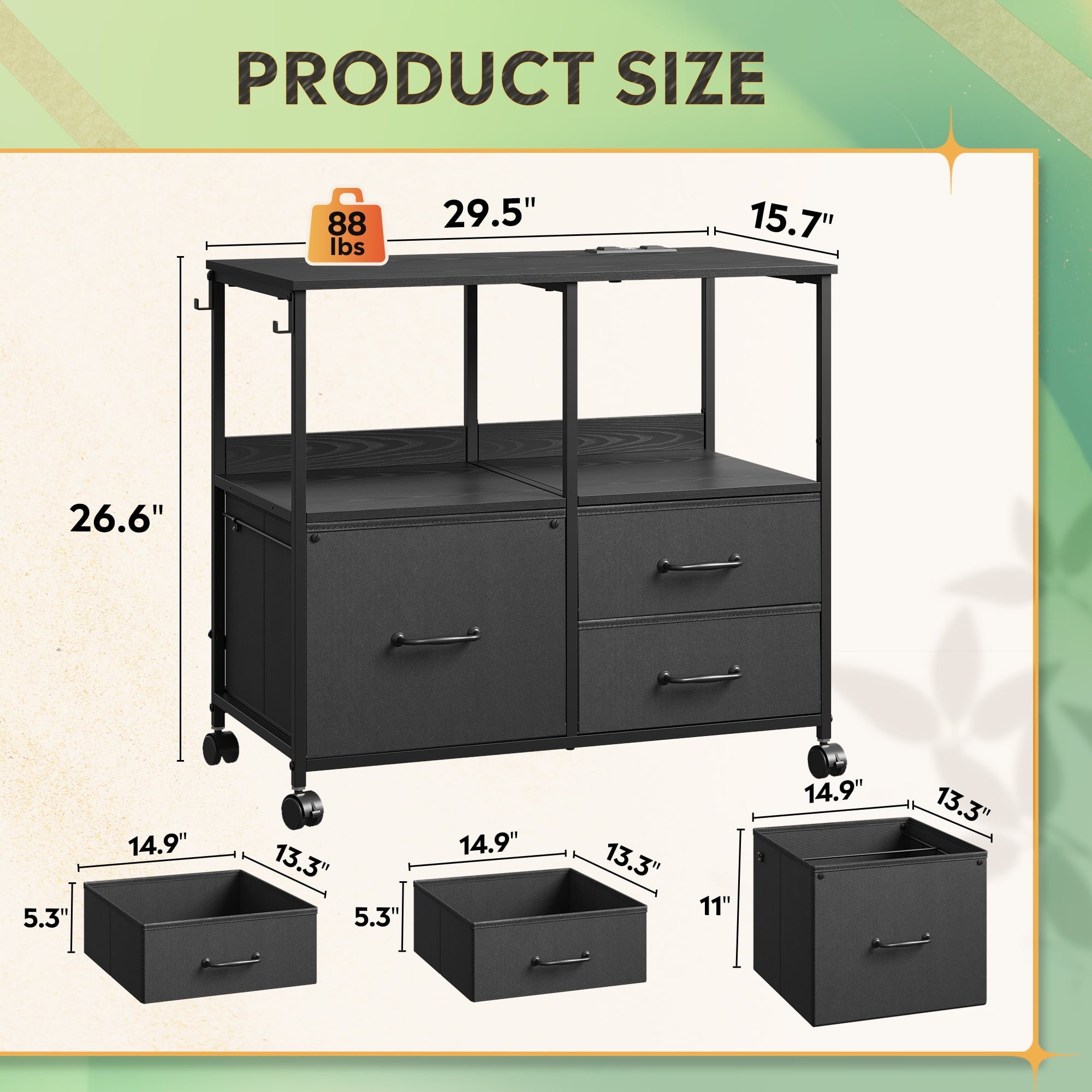 GALAXHERO Printer Cart with Storage Shelf, 3 Drawer File Cabinets Fit Letter/A4 Size, Mobile Printer Stand with Charging Station for Home Office, Black