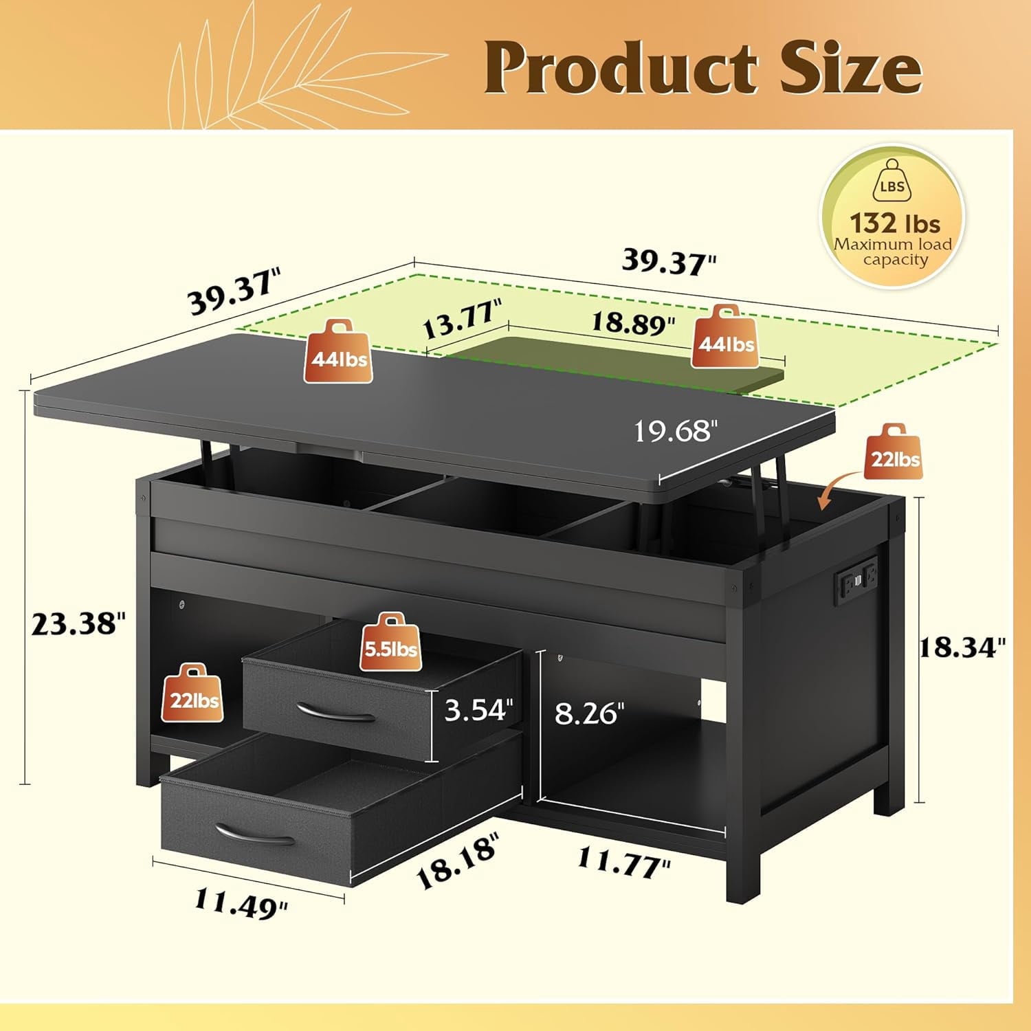 GALAXHERO 40" Lift Top Coffee Table with Storage, 4 in 1 Coffee Tables with 2 Fabric Drawers LED Light and USB, Modern Coffee Table with Hidden Compartment for Living Room, Dining Room